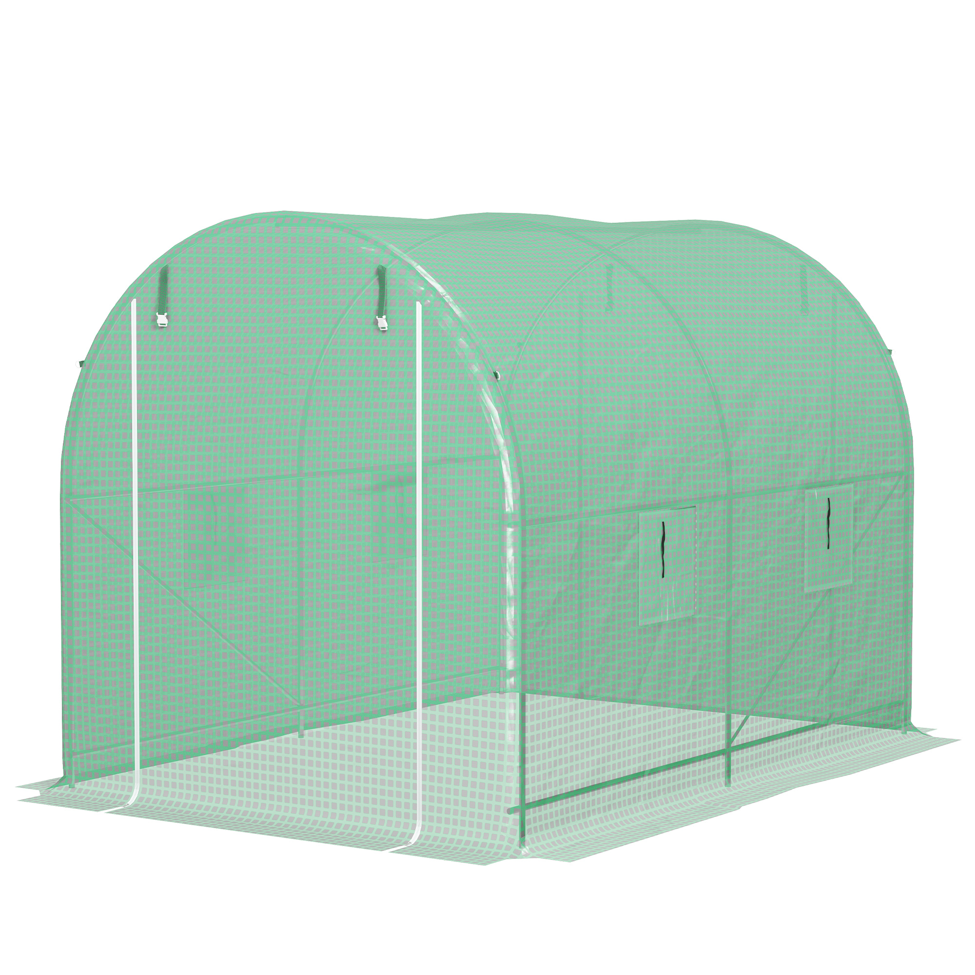 Outsunny Gewächshaus Tunnel Bodenfläche 6 m² Verstärktes Metallrohrgestell Doppelte Reißverschlusstür 4 aufrollbare Fenster Grün