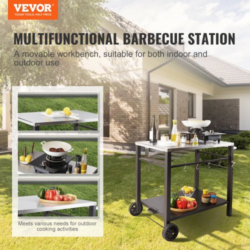 VEVOR Servierwagen Küchenwagen 100 x 64 x 83,5 cm Outdoor-Grill-Esswagen mit Doppelter Ablage, Beweglicher Grilltisch für die Zubereitung von Speisen, Multifunktionale Tischplatte aus Edelstahl