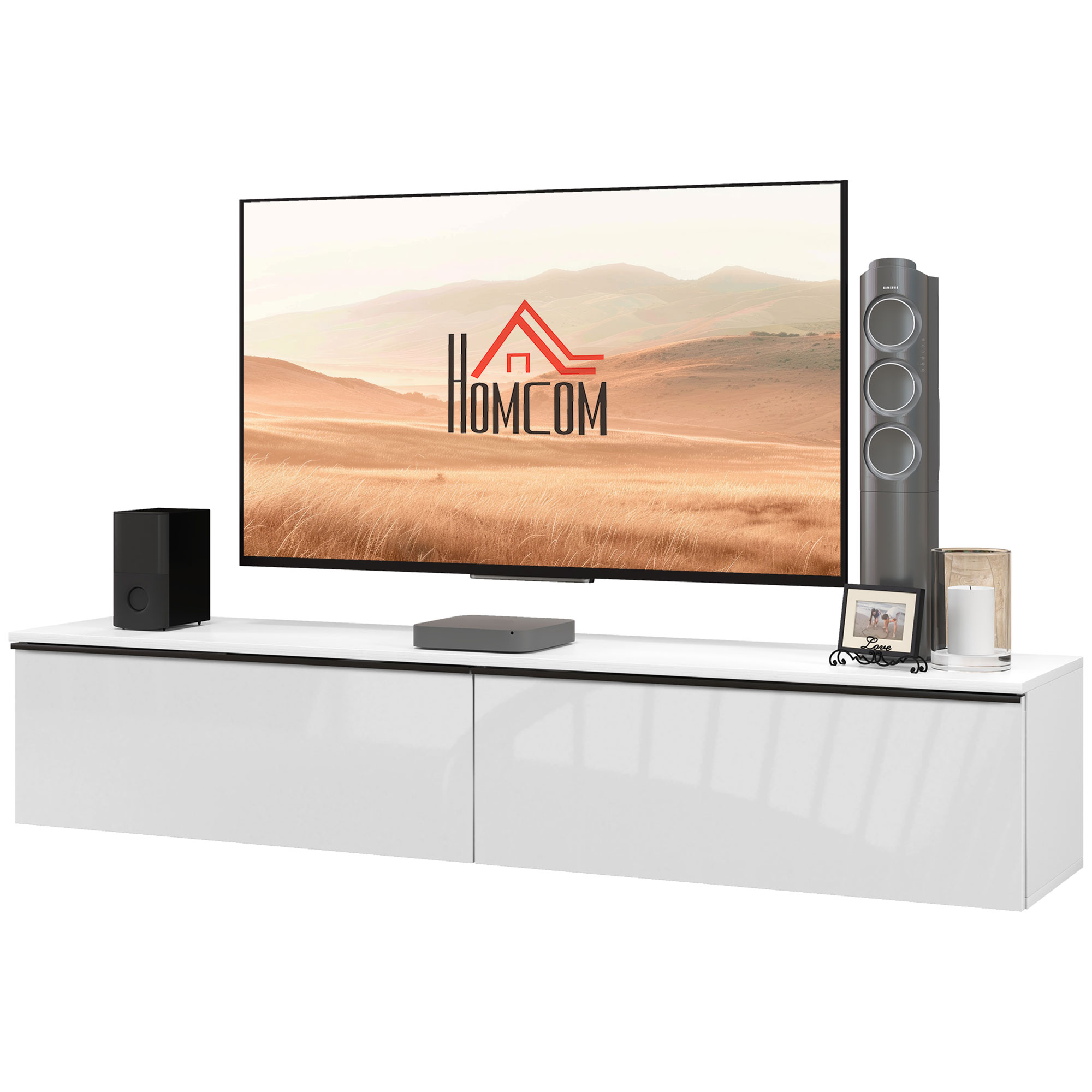 HOMCOM Hängendes TV-Möbel mit Schrank, für Fernseher bis 70 Zoll, glänzender Effekt, weiß