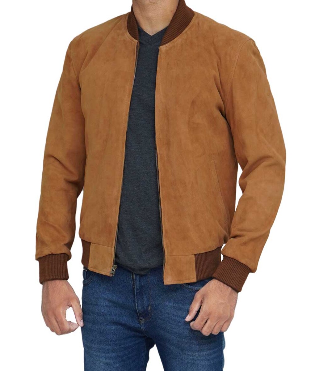 Mens Brown Leather Suede Bomber Jacket