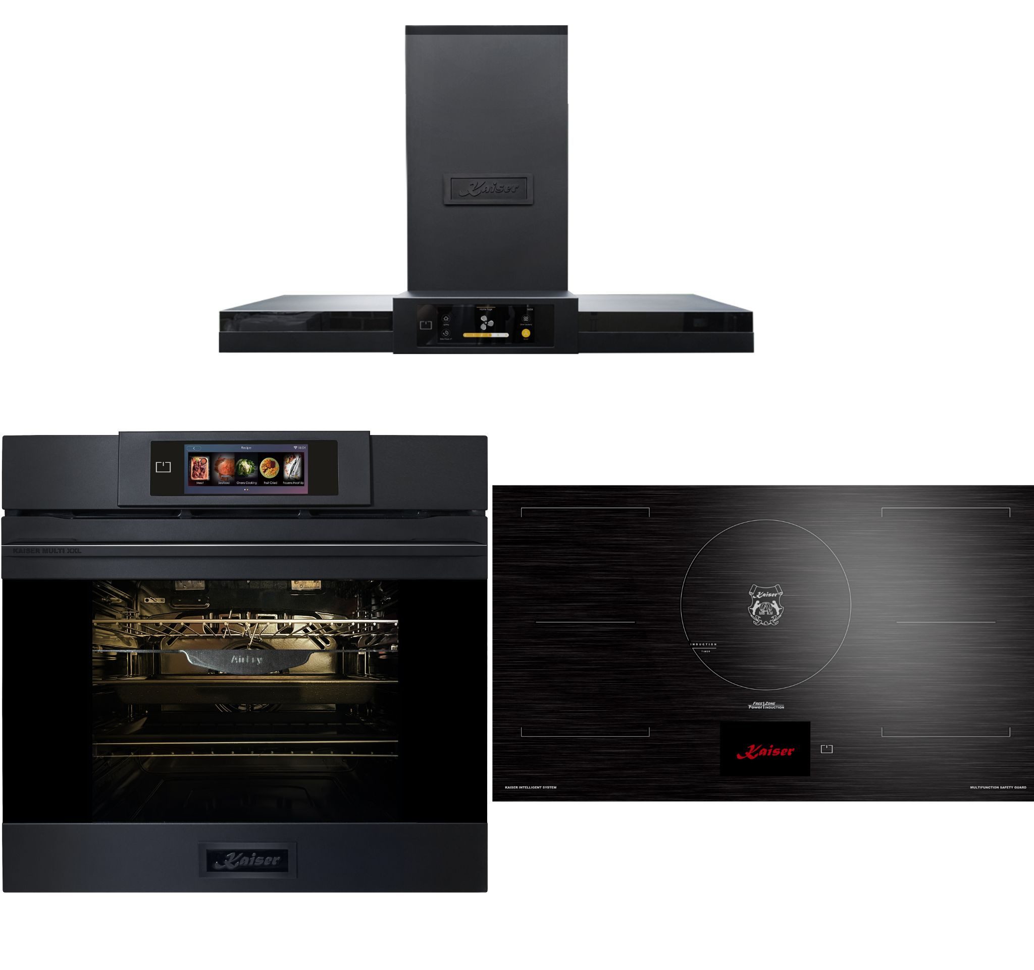 Backofen-Set Herd Set Autark Einbaubackofen XXL Multi 29, Multifunktions-Elektro-Backofen mit Pyrolise und Dampfreinigung, 60 cm+Induktionskochfeld 90 cm TFT Display+Dunstabzugshaube 90 cm TFT Display 1100 m3/h EH 6347+KCT 9140 FI +AT 9342