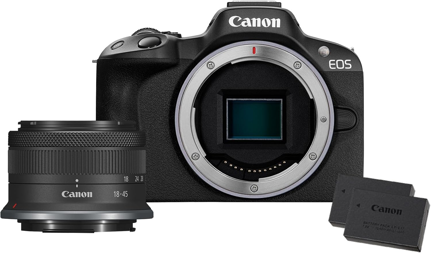 Canon EOS R50 Systemkamera + RF-S 18-45mm is STM Objektiv + 2X Batterien (Zusätzliches Akku-Kit)