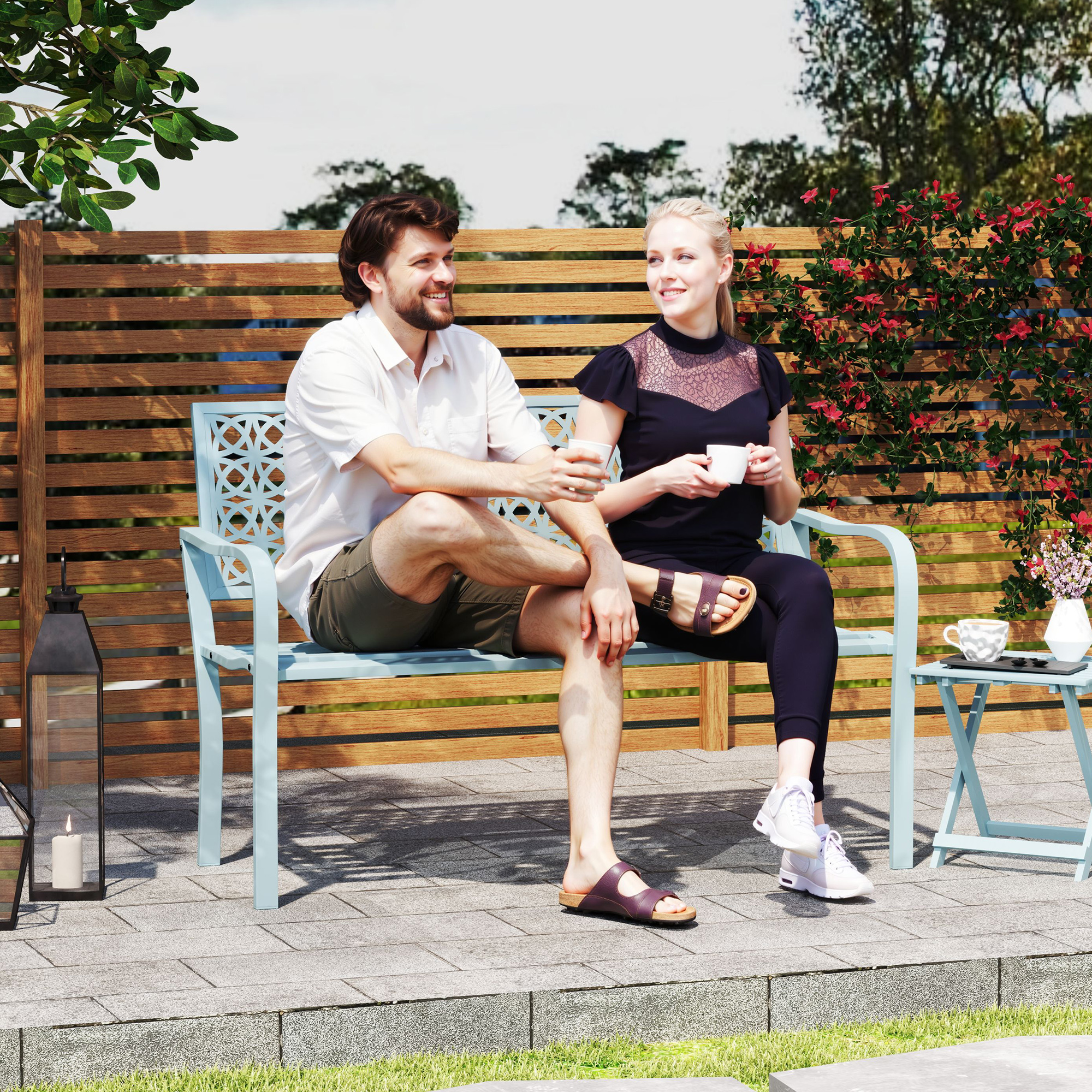 Buitenbank, Tuinbank van Staal, Uitgesneden Rugleuning, Armleuningen, voor 2 Personen, Blauw