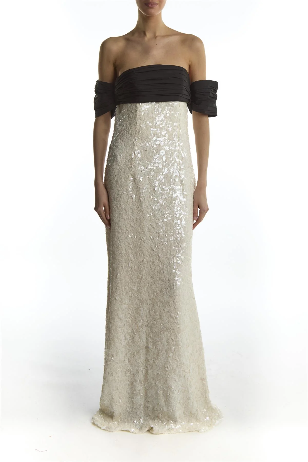 Paloma White Sequin Maxi-Dress With Black Bardot Bow Detail