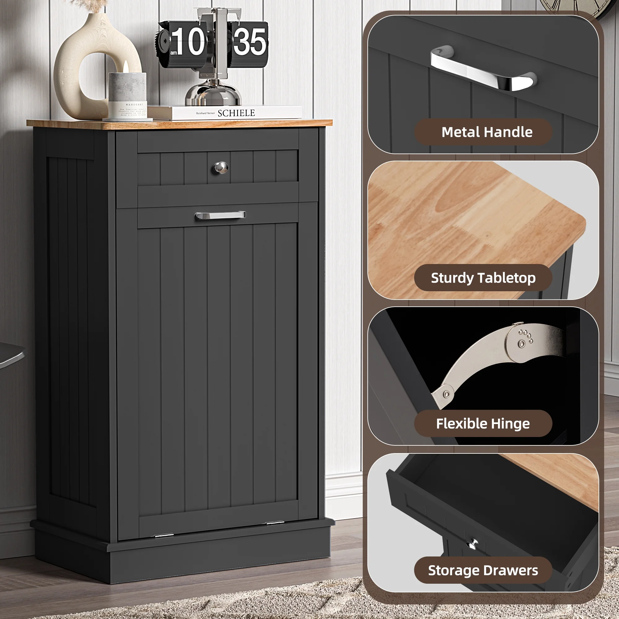HARIPUL Single Tilt Out Trash Cabinet for 13 Gallon Waste Bin, Free Standing Kitchen Trash Can Cabinet with Drawers, White