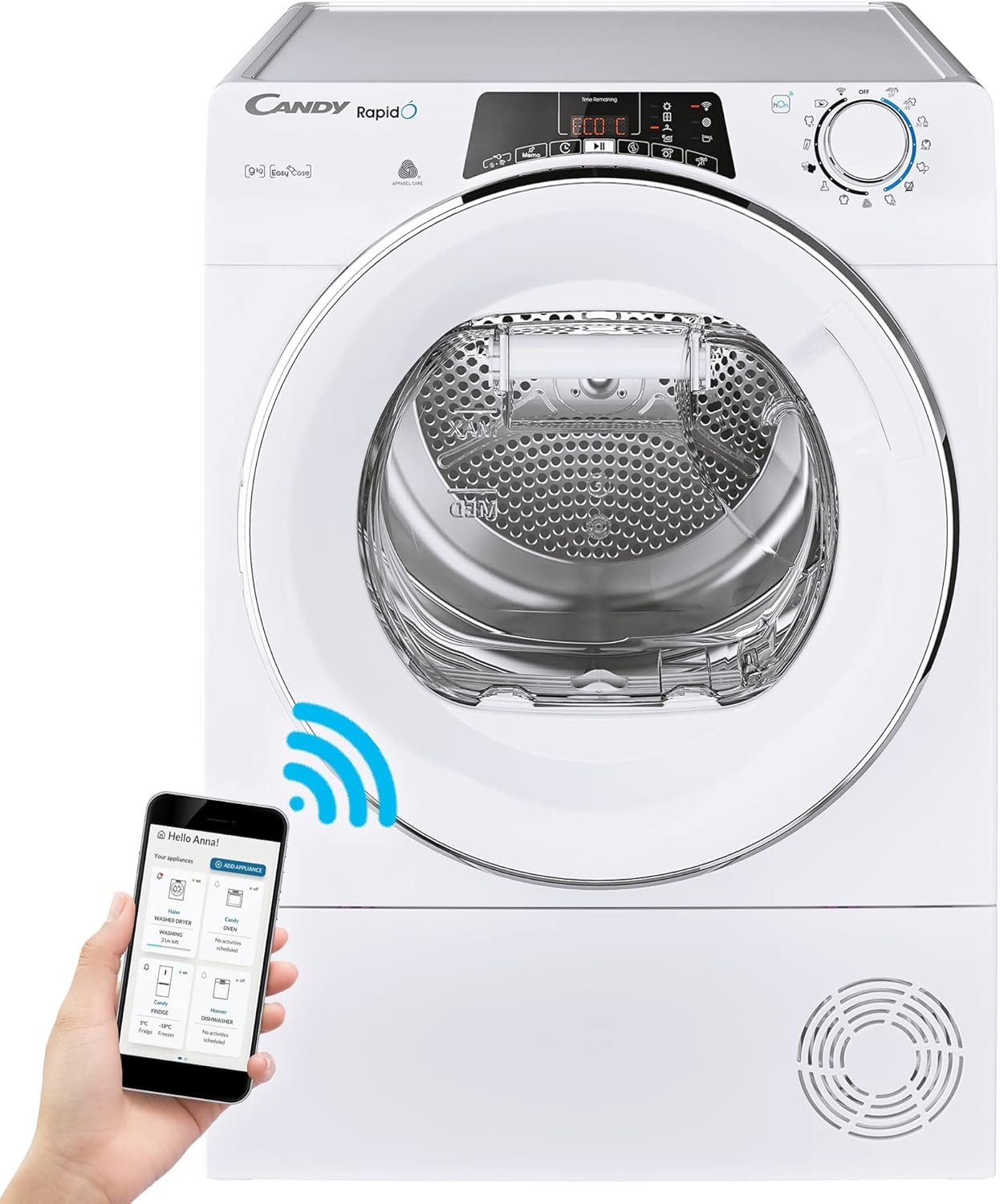 Candy Rapidó Asciugatrice 9 Kg a Pompa di Calore, Libera Installazione, Classe A++, Connessione Wi-Fi, Controllo da App, Avvio Programmabile, Programma Lana, 59 x 58 x 85 cm, Bianca - ROE H9A2TCEX-S