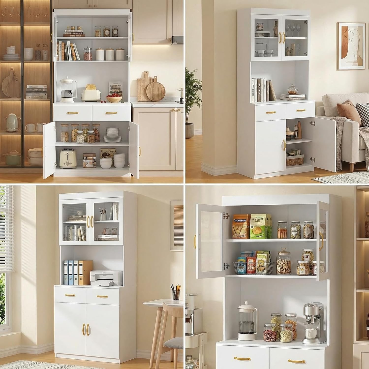 VOWNER Credenza Cucina Alta, Cucina Dispensa, Mobile Buffet, Mobile Dispensa con 4 Armadietti, Armadio Dispensa, 2 Ripiani Regolabili, MDF, 80L x 40W x 181H cm (Bianco)