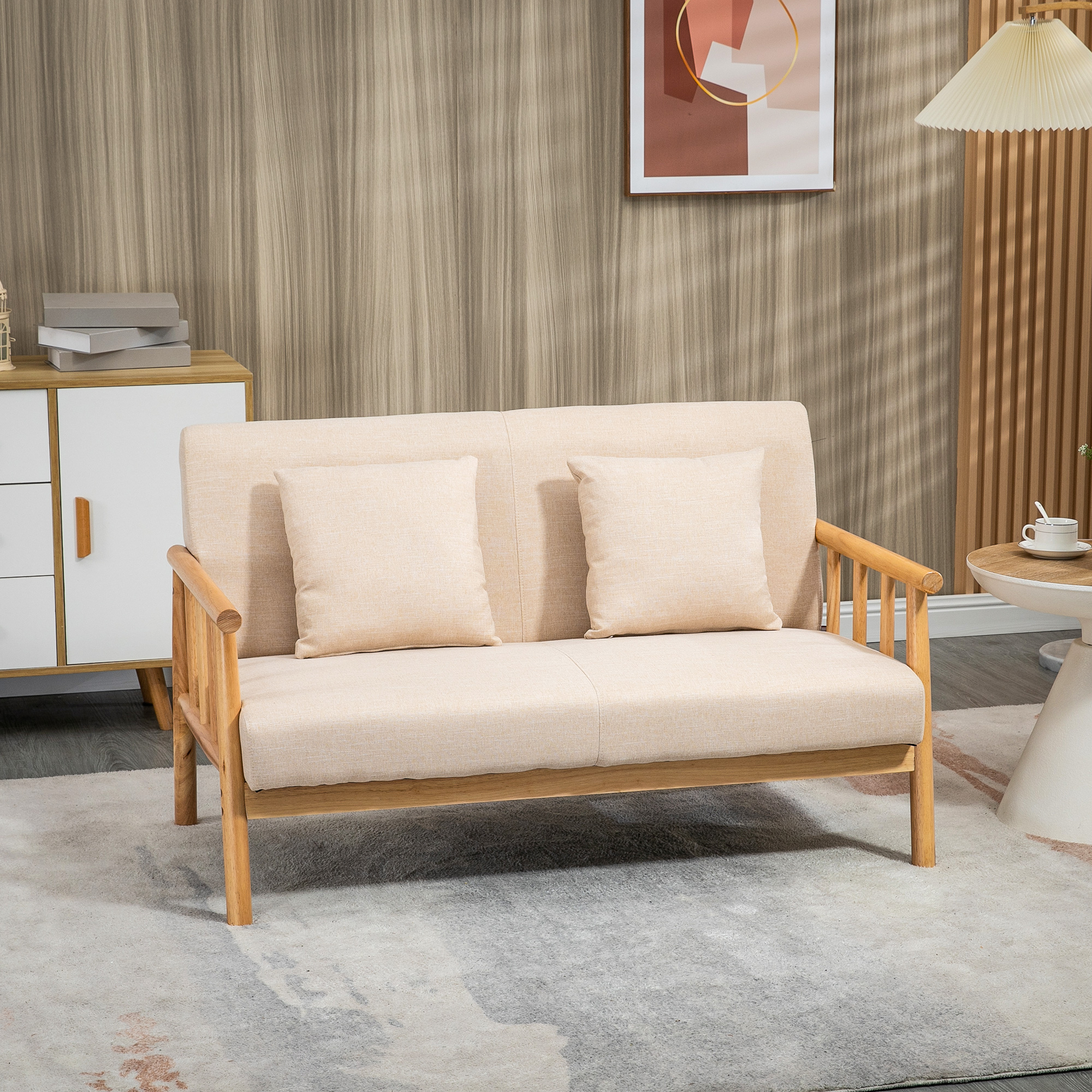 HOMCOM 2-Zitsbank, Stoffen Bekleding in Linnenlook, Compact, Tot 200 kg, Houten Frame, 123L x 69B x 74H cm, Beige