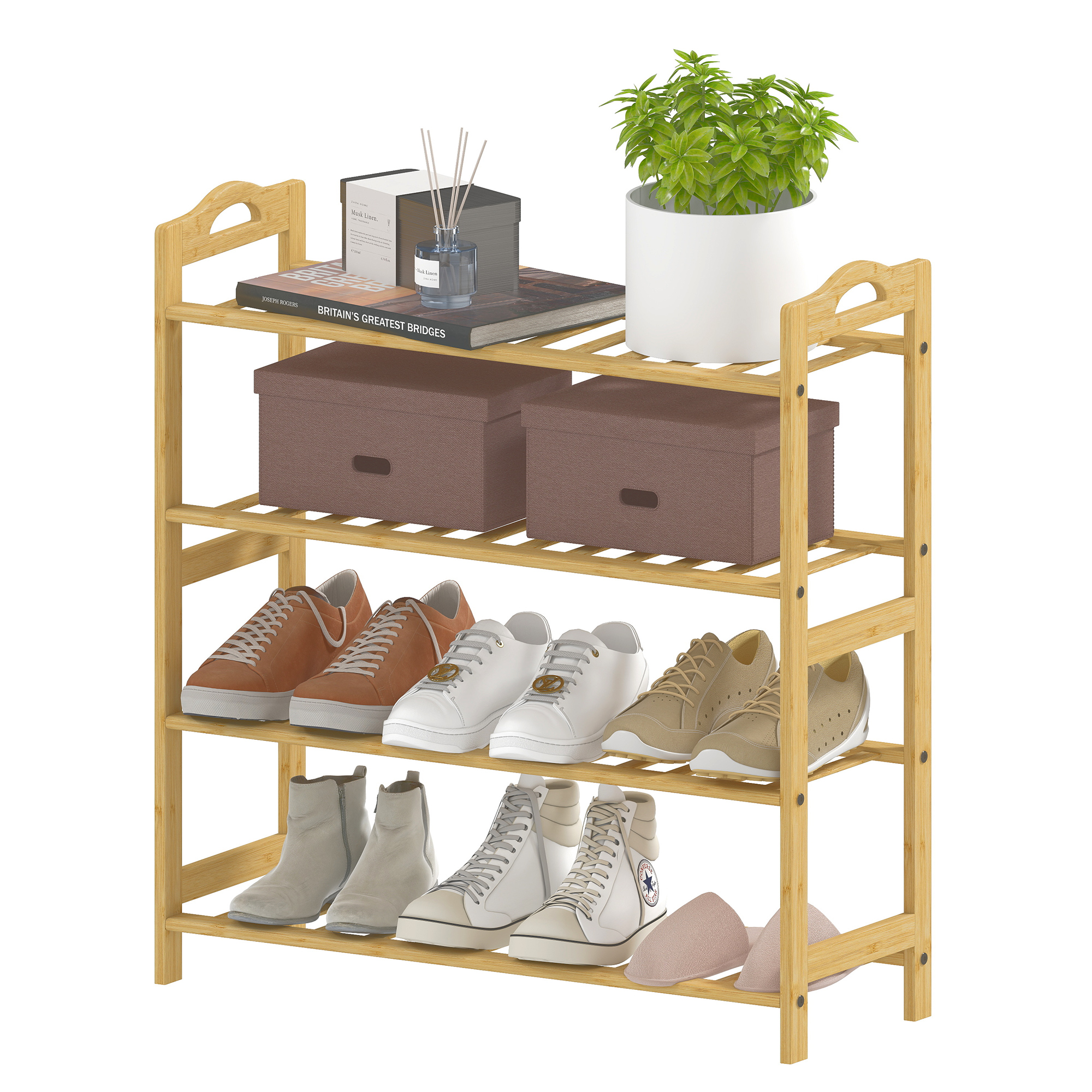 HOMCOM Bambus Schuhregal mit 4 Ebenen Schuhhalter für 12 Paar Schuhe, 67,5 x 24,7 x 72 cm, Naturholzoptik