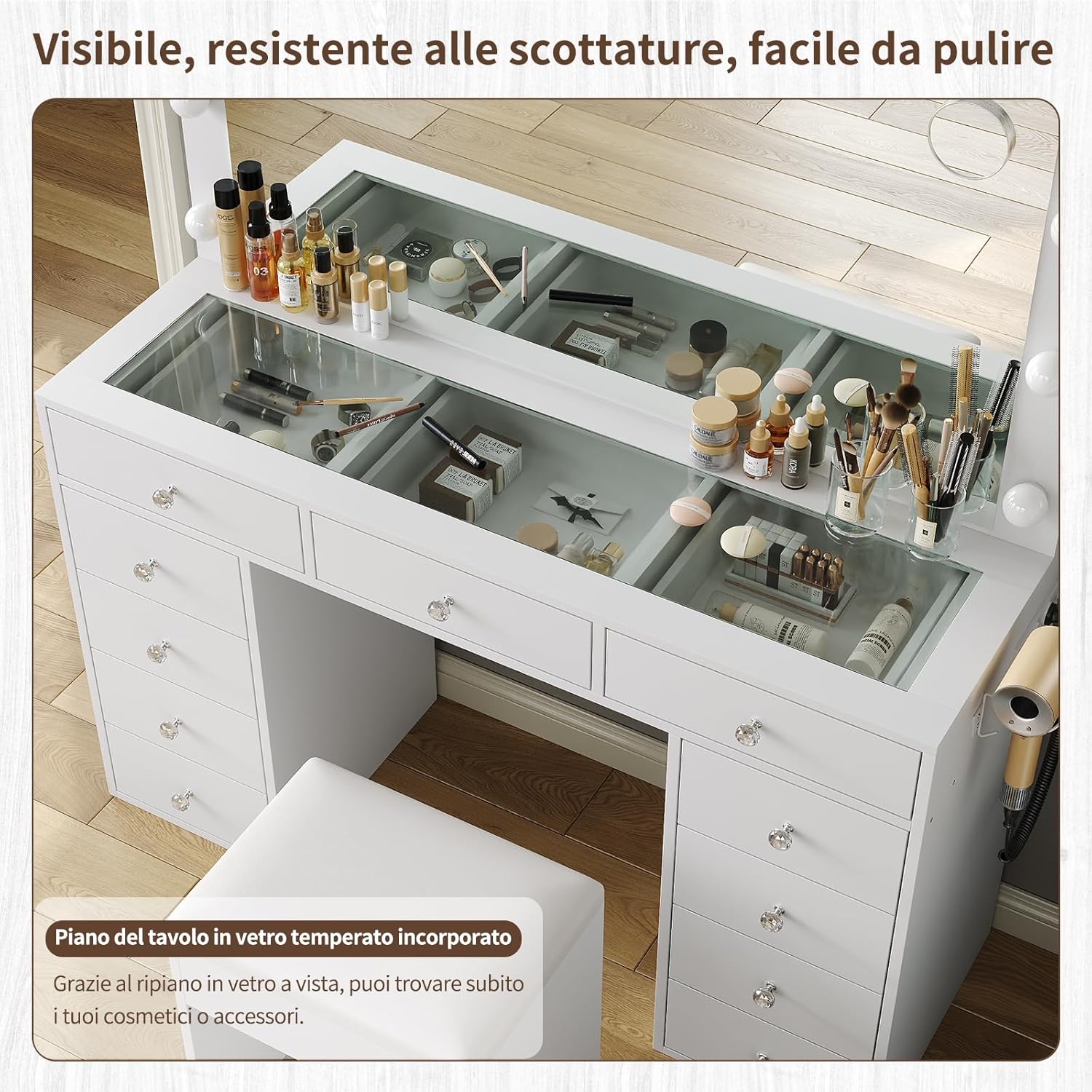 Dressing Table with Mirror and 12 LED Lights, Vanity with 11 Drawers, Sockets and USB Ports, Stool Included, 3 Adjustable Lighting Modes, White