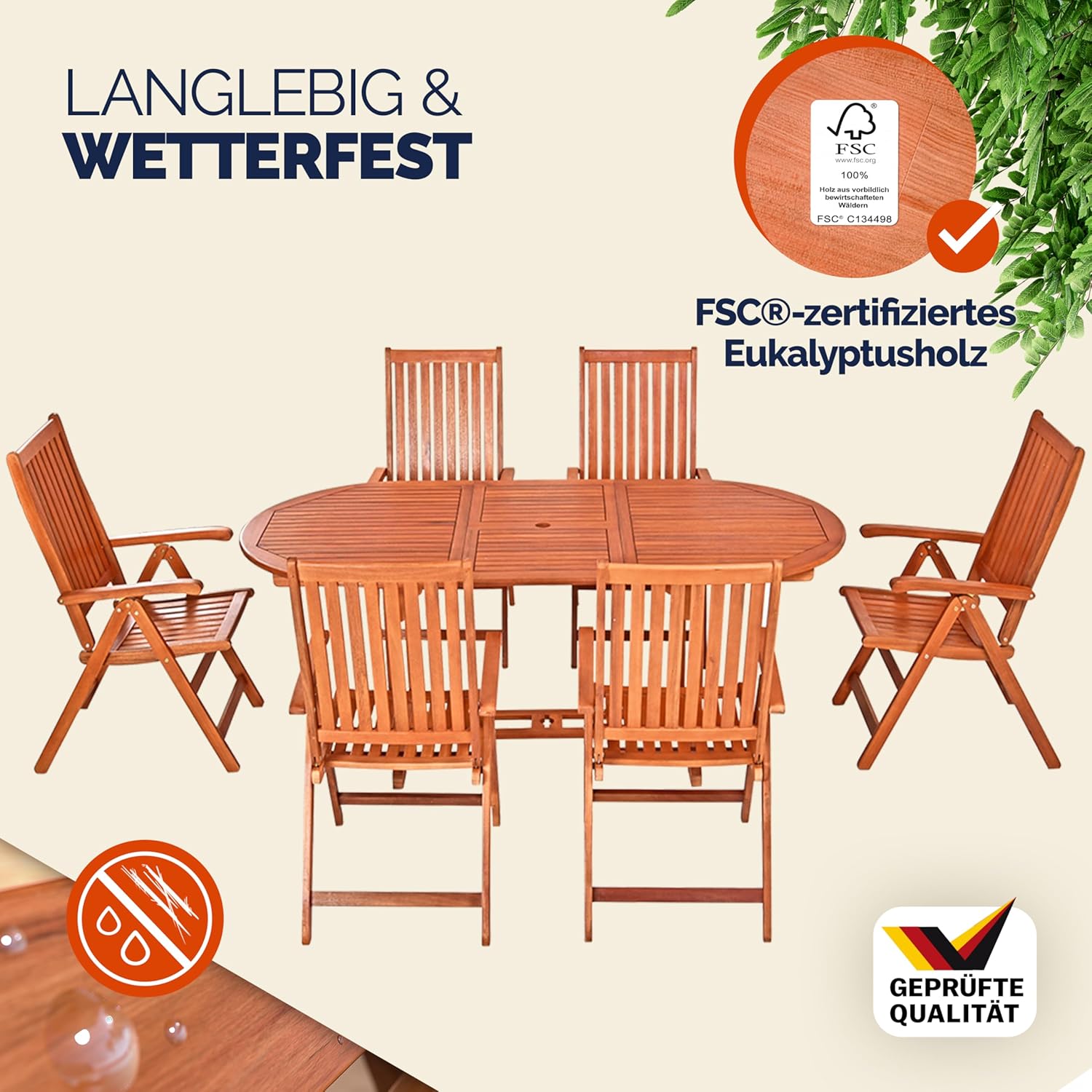 Casaria® Garden Furniture Set in Eucalyptus Wood, 6 Folding Chairs with Table FSC® Certification with Umbrella Holder, Armrests Garden, Balcony, Terrace 7 Pieces