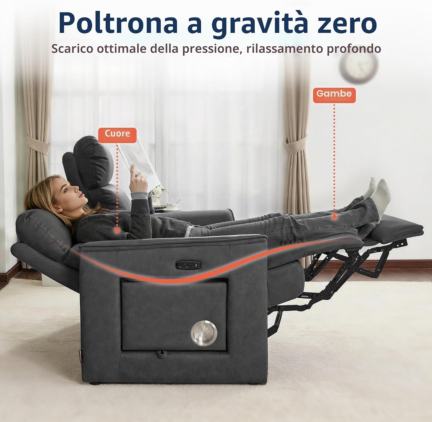 MCombo M Poltrona TV 2 posti elettrica, regolabile in posizione zero-gravity 155°, con tavolino laterale nascosto, funzione relax e cuscino in schiuma piena 35D, 7719M1 (Grigio Scuro)