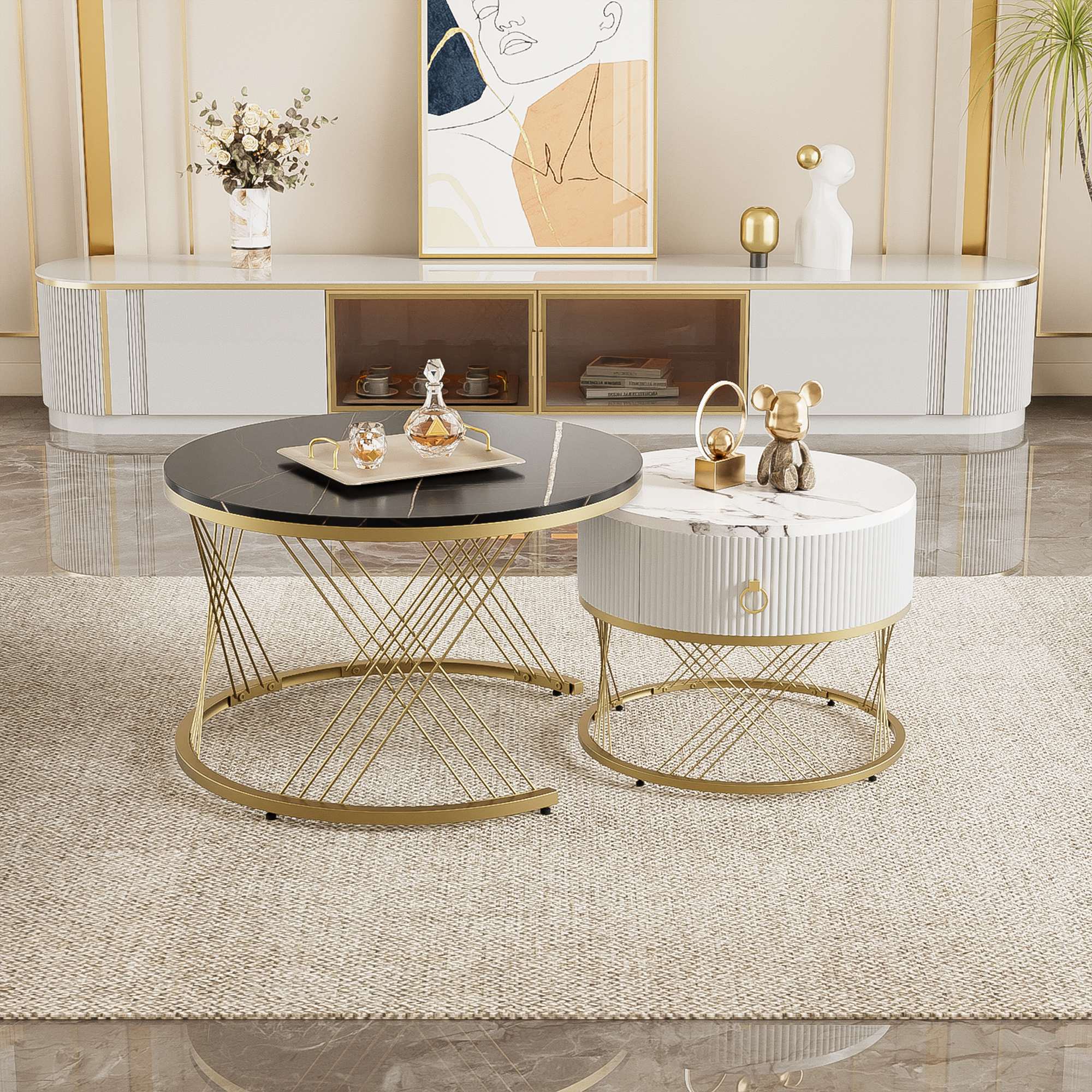 Eleganter Couchtisch im 2er-Set: Marmoroptik, Golddekor, Beistelltisch mit Schubladen, schwarz