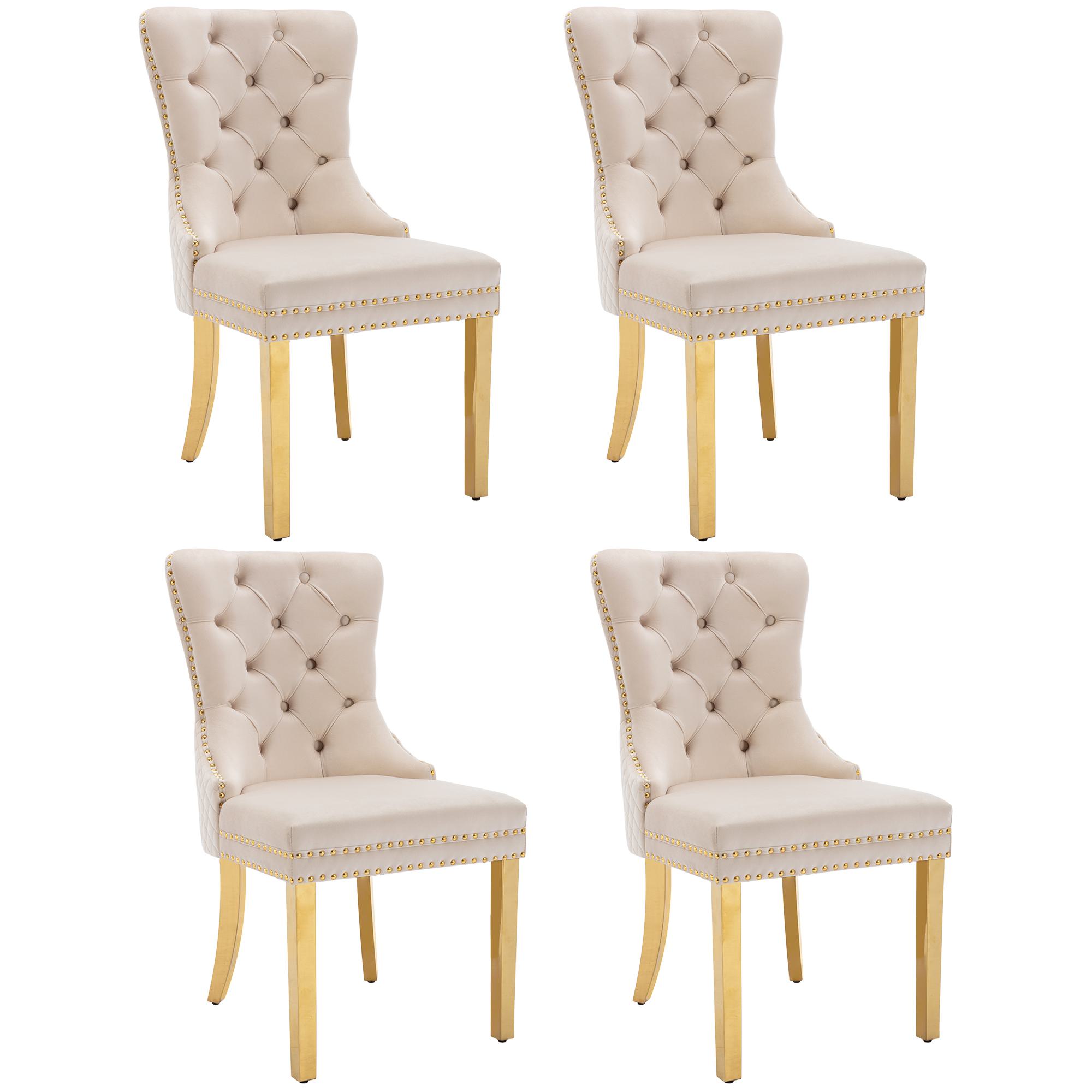 Set aus 4 Esszimmerstuhl mit einzigartigen runden Zugringen, Polsterstuhl mit Nagelkopfbesatz, 51,5×65,5×95 cm, Beige