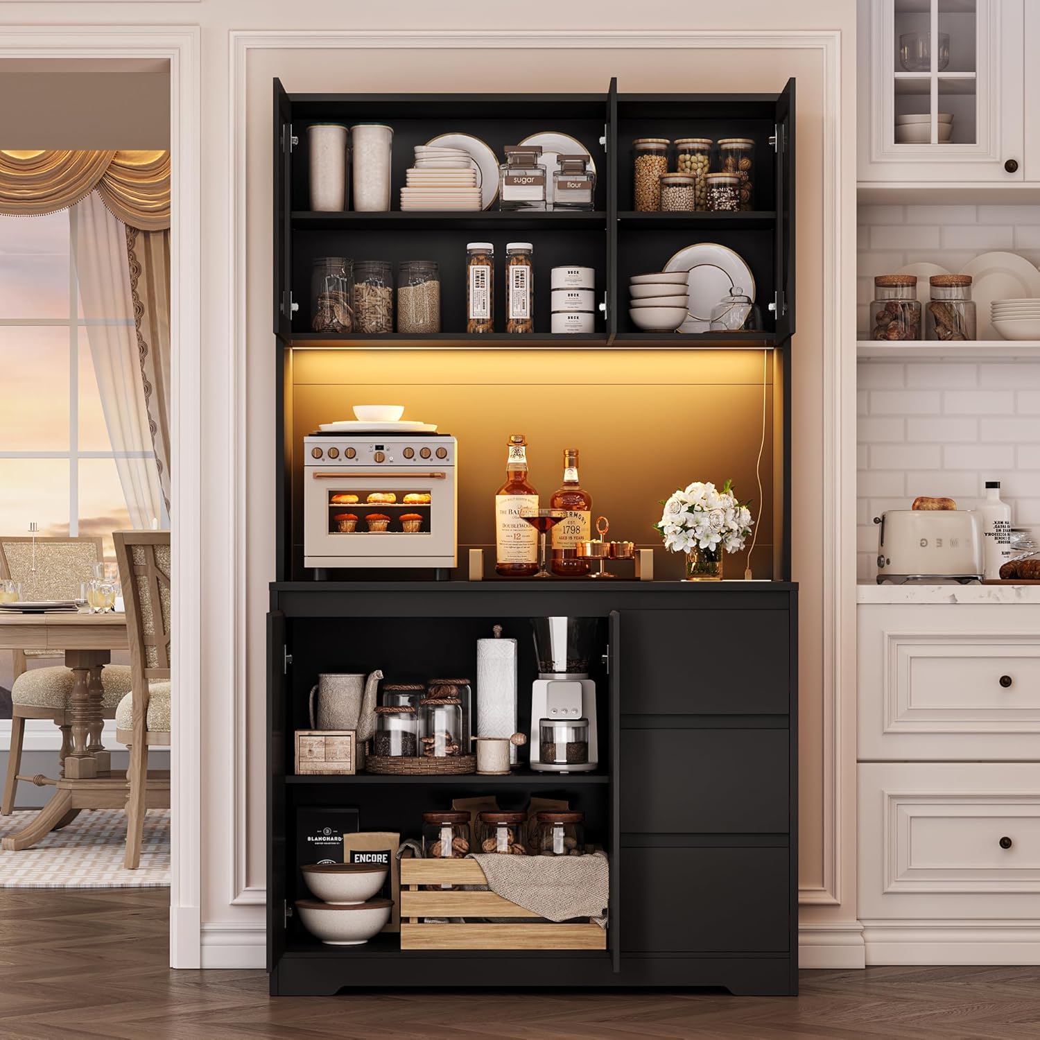 FirFurd Credenza Cucina, Credenza Alta con Luci a LED e Prese, Mobile Buffet con Cassetti e Armadi, Ripiani Regolabili, per Cucina, Soggiorno, Studio180x100x38,5cm (Nero)