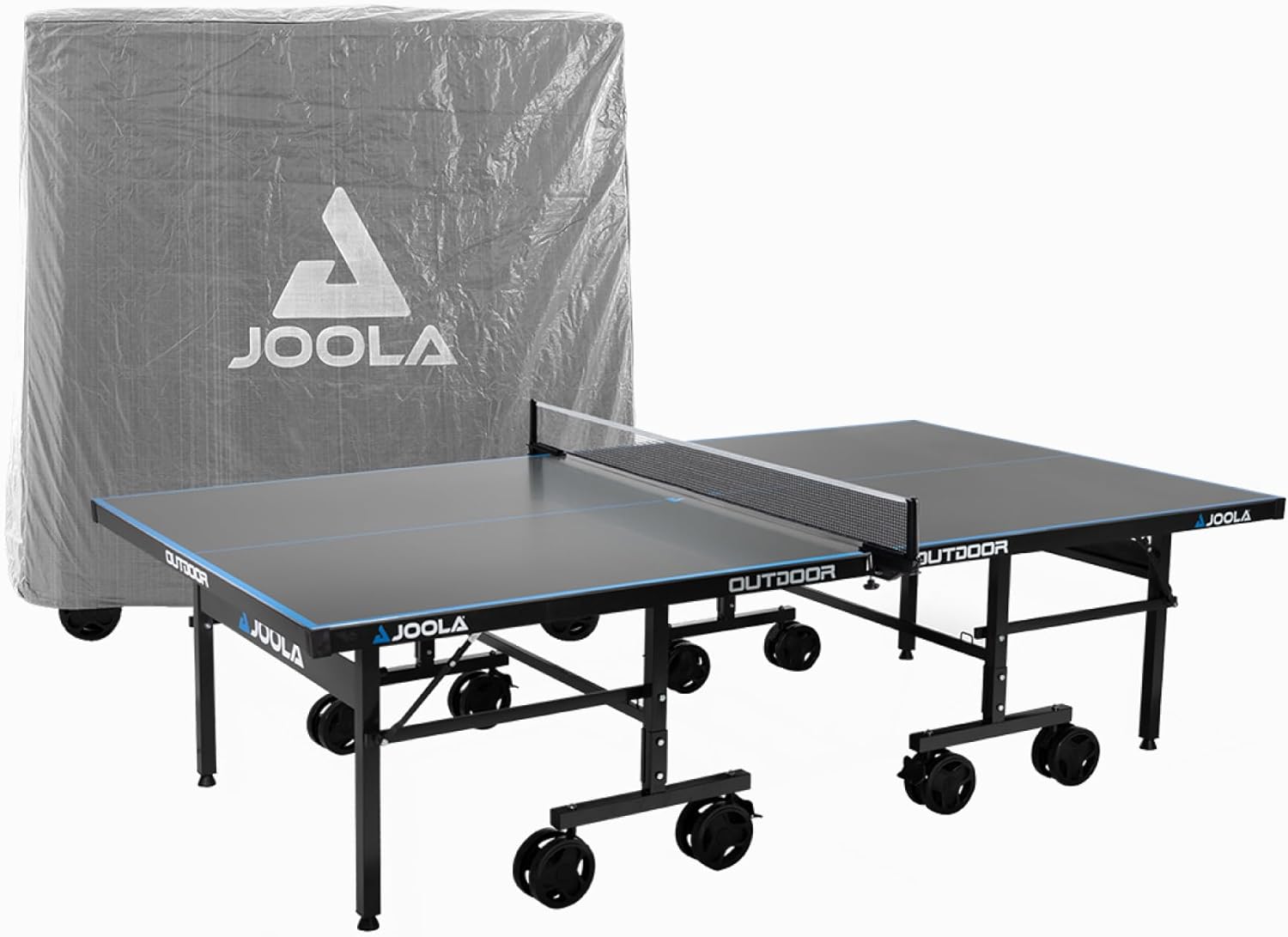 JOOLA Tavolo da ping pong per esterni, in alluminio, resistente alle intemperie, con copertura per tavolo, struttura pieghevole, montaggio rapido, con rete inclusa, colore: grigio/blu, 274 x 152,5 x