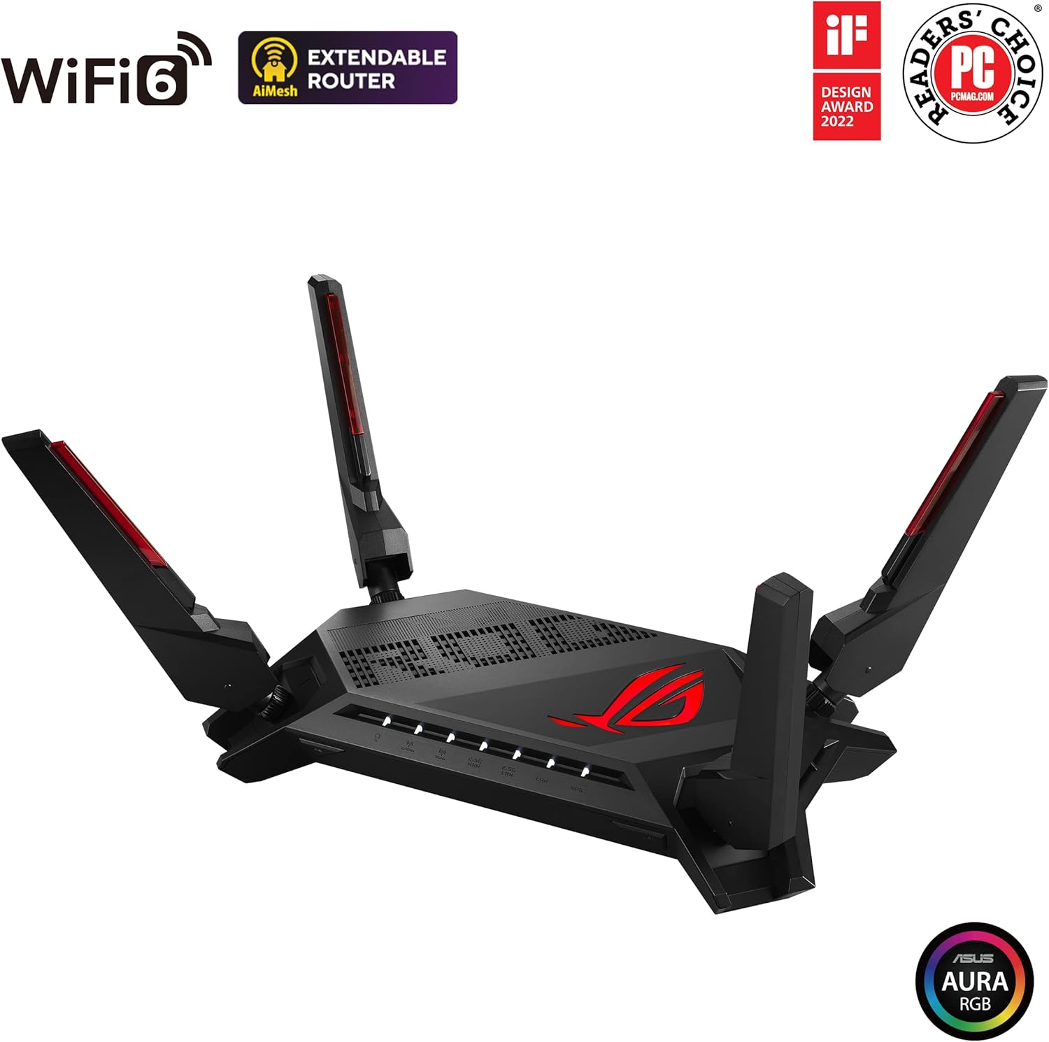 ROG Rapture GT-AX6000 Dual Band WiFi 6 Router Estendibile Gaming, Due Porte Ethernet 2.5G, VPN Fusion, Game Boost, Sicurezza di Rete Per Tutti Dispositivi, WPA3, AiRadar, Open NAT, Nero