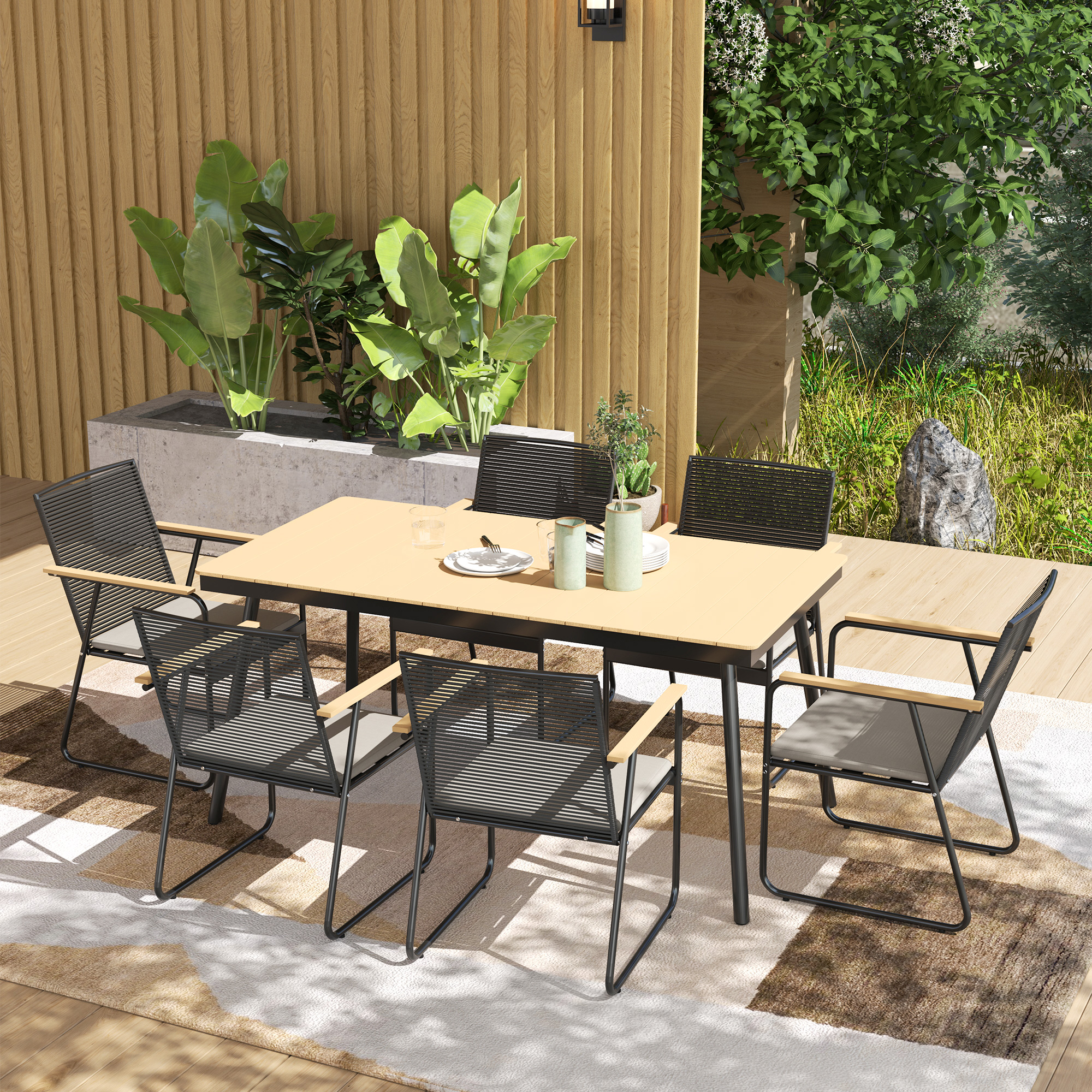 Outsunny Sitzgruppe 7-teilig Metall Essgruppe für 6 Personen Esstisch mit Tisch 6 Stühlen Esszimmergruppe Naturholz+Schwarz