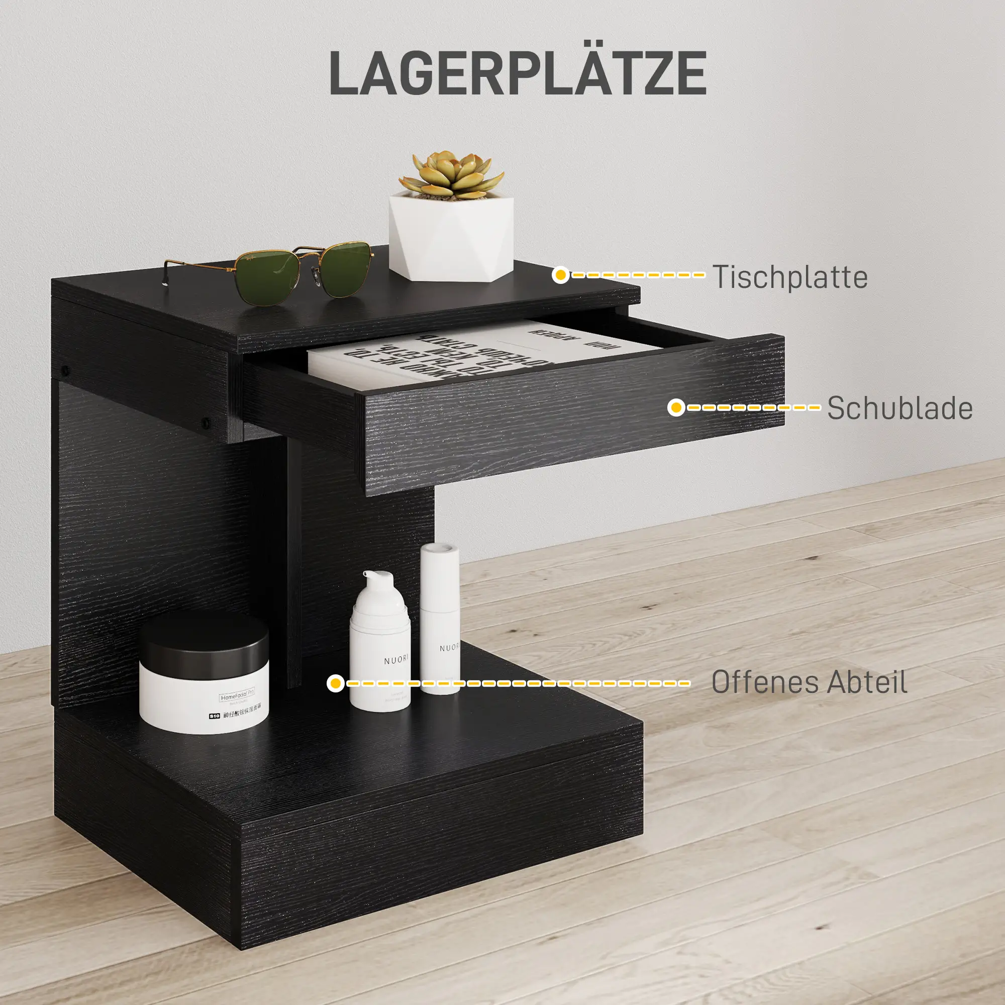 HOMCOM Nachtkastje 40x30x46 cm met lade Zwart