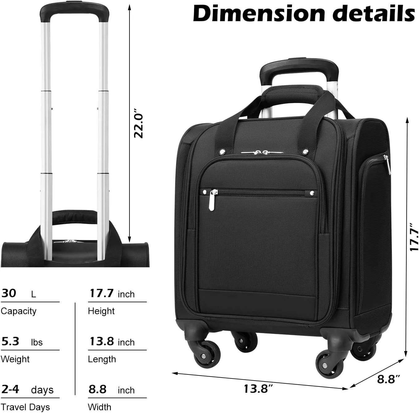 Underseat Carry On Luggage Softside Lightweight Rolling Travel Bag Spinner Suitcase