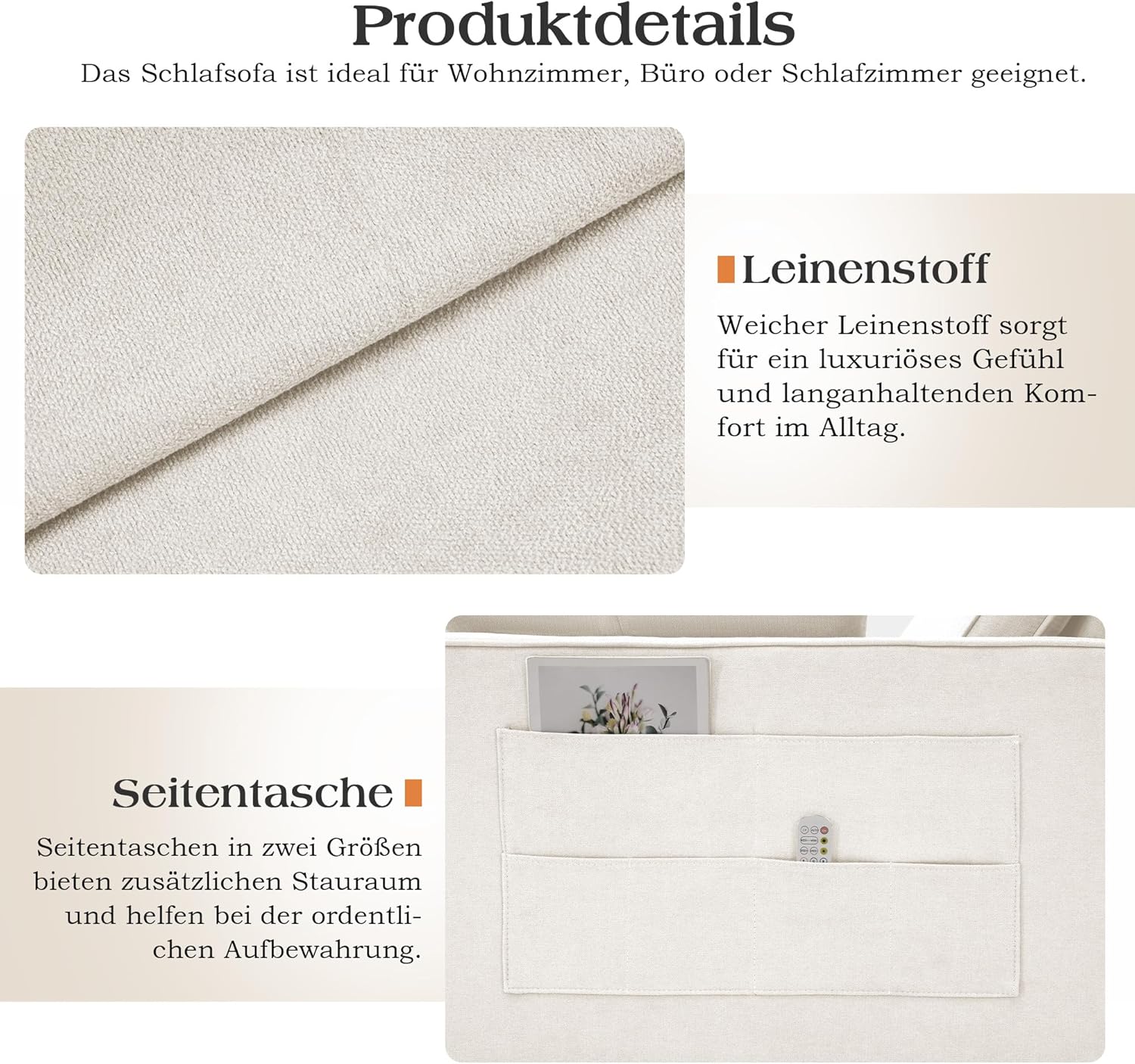 Schlafsofa 186 x 122 cm mit 5-stufig Verstellbarer Rückenlehne, 3-in-1 Schlafcouch mit Kissen und Seitentasche, cremeweißes Leinen-Sofa für Gästezimmer  und  kleine Räume