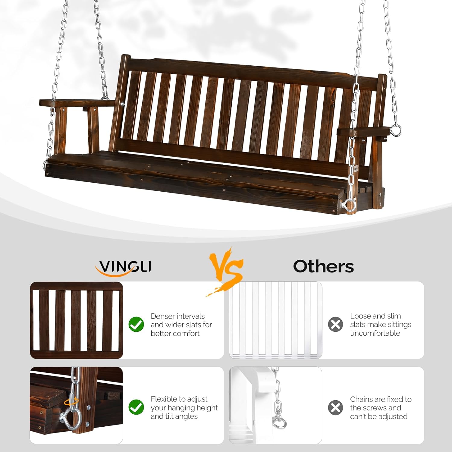 VINGLI Heavy Duty 880 LBS 5 FT Wooden Porch Swing Outdoor  Outdoor Hanging Swing Bench (5 FT  Rustic)