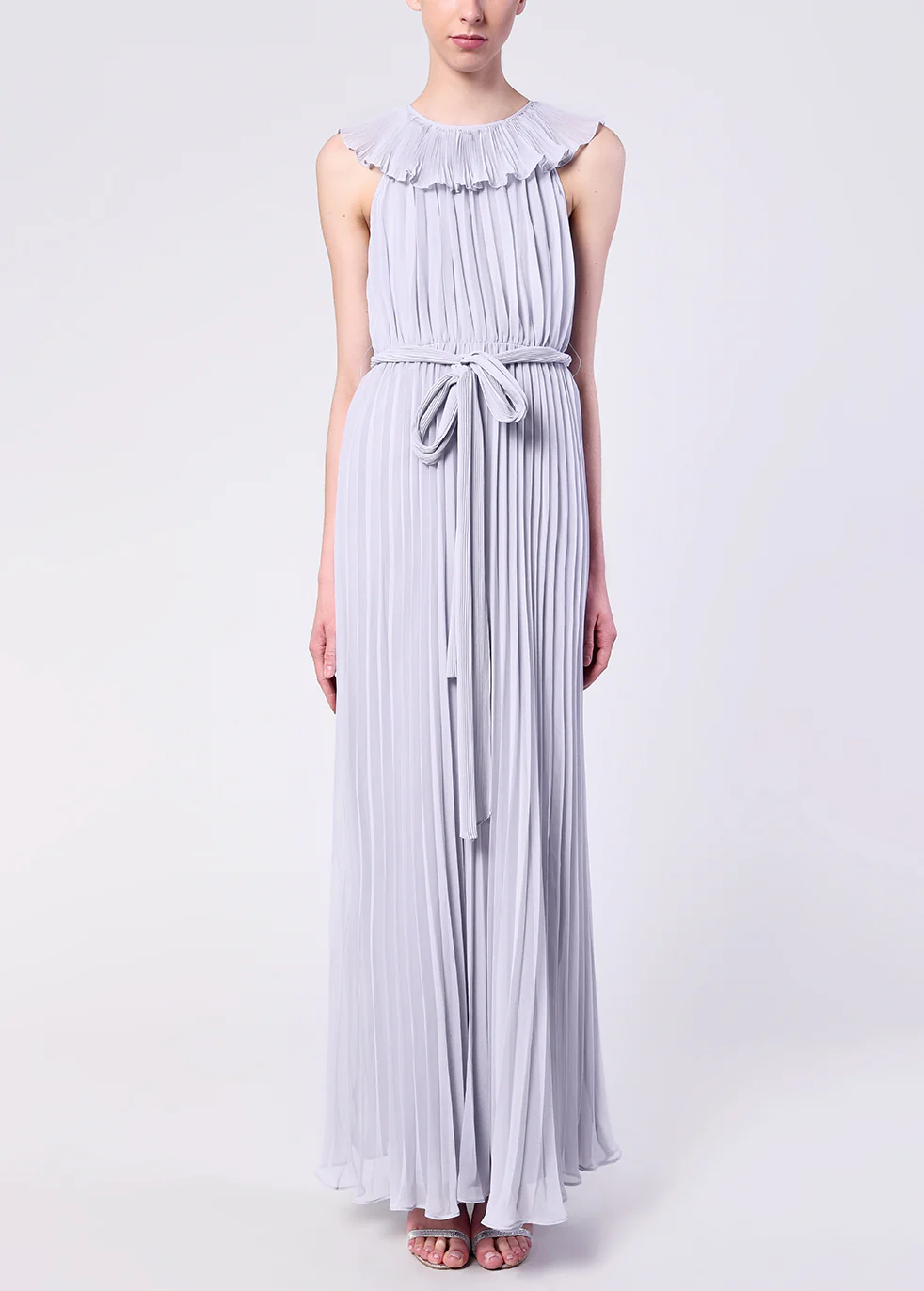 Lilac Grey Pleated Tie Waist Maxi Dress
