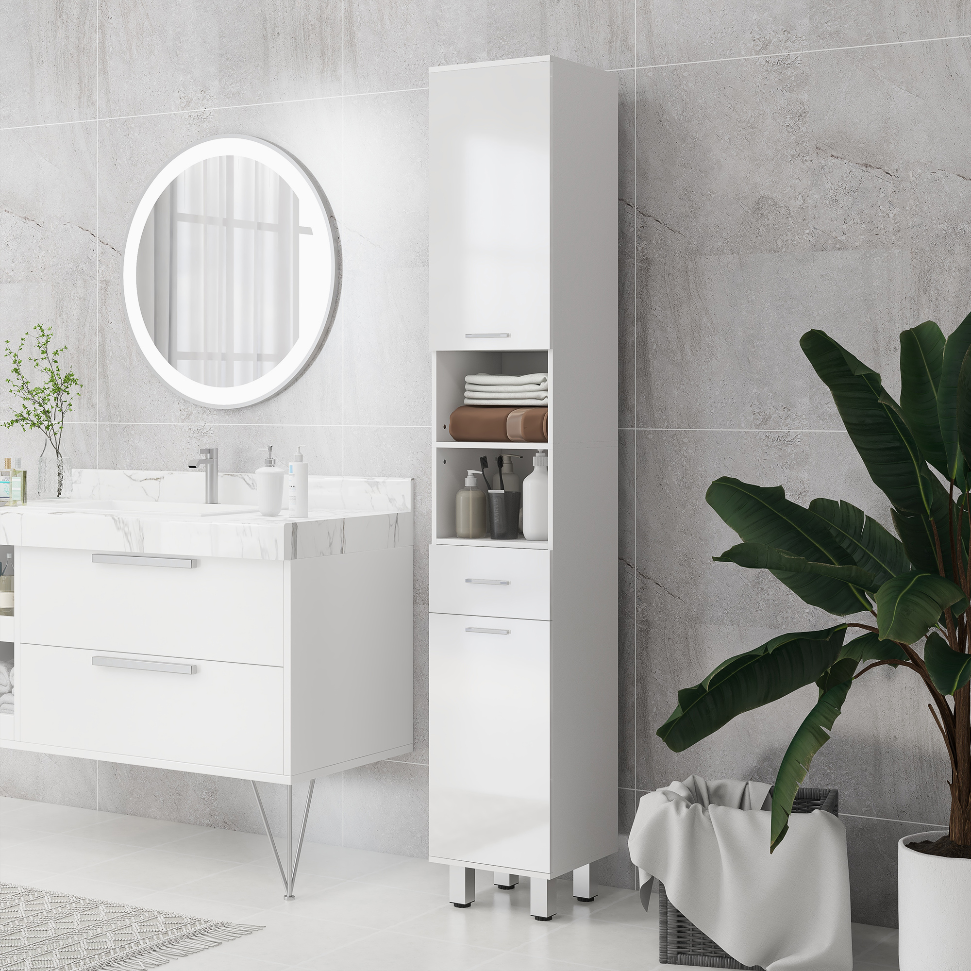 kleankin Badezimmerschrank, Badkommode, mit Regalen und Schublade, verstellbar, Weiß