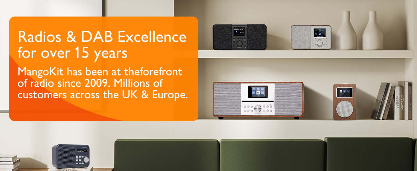 Collezione di radio digitali DAB esposte su scaffali in legno, composta da vari modelli con display LCD e