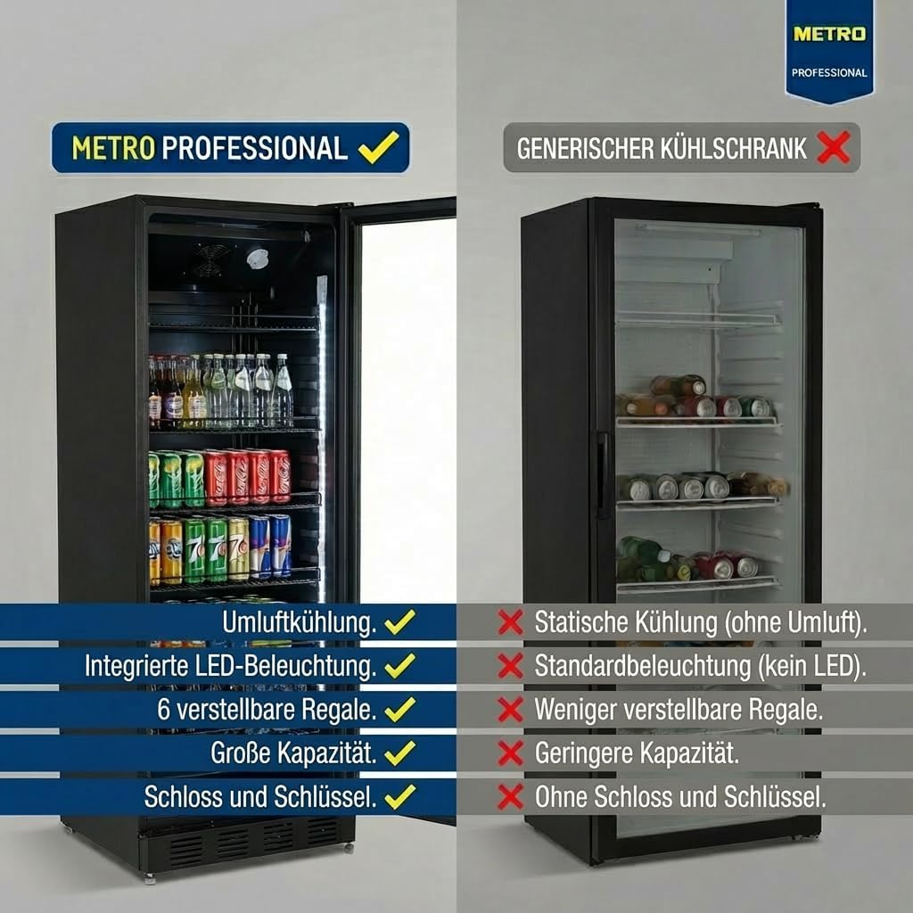 METRO Professional Getränkekühlschrank GSC4280B, Metall/Glas, 280 L, belüftete Kühlung, 210 W, mit Schloss, Schwarz