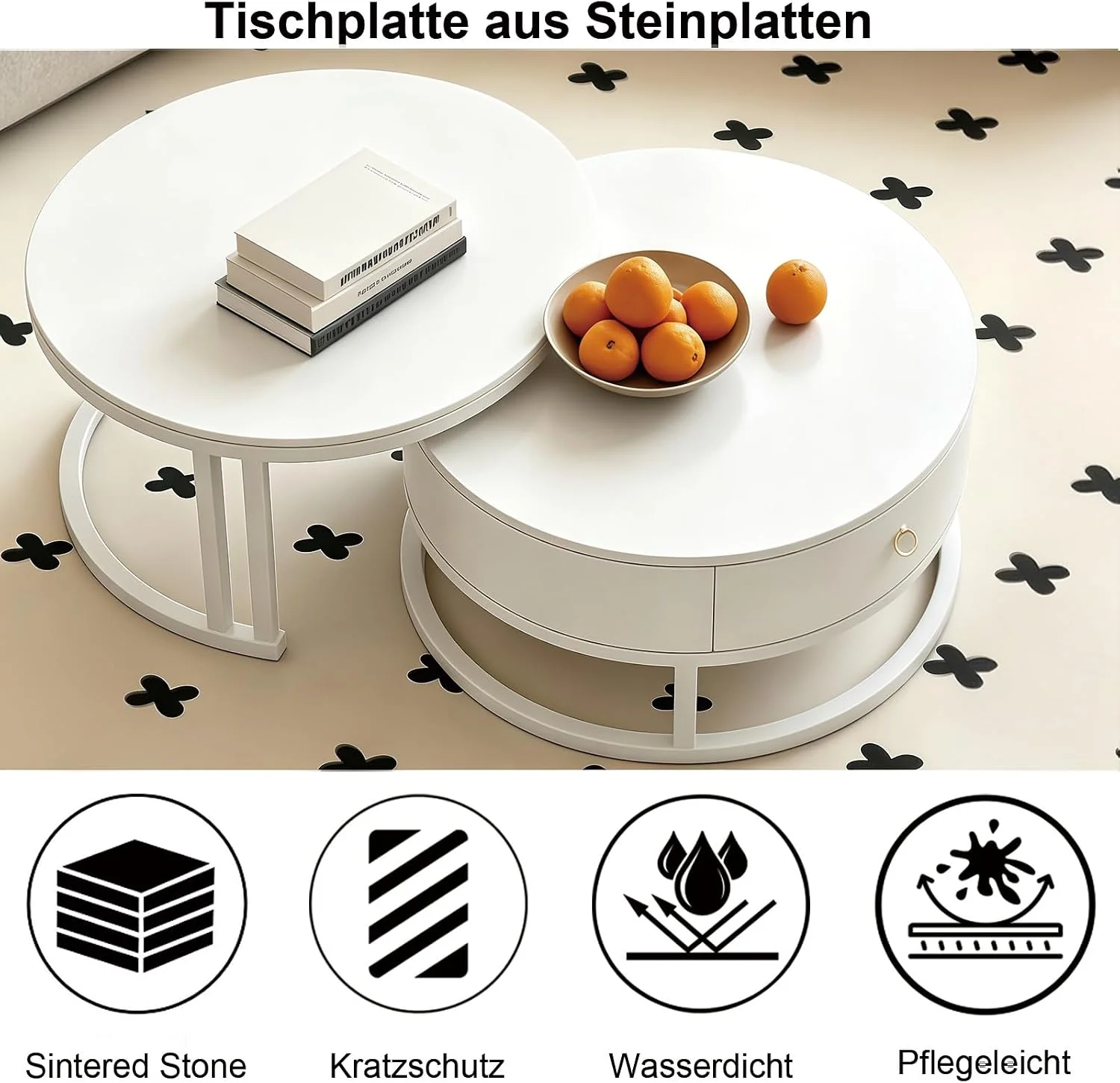 Runde Satztische 2er-Set mit Schublade & Stauraum, Weiß, 70/50 cm