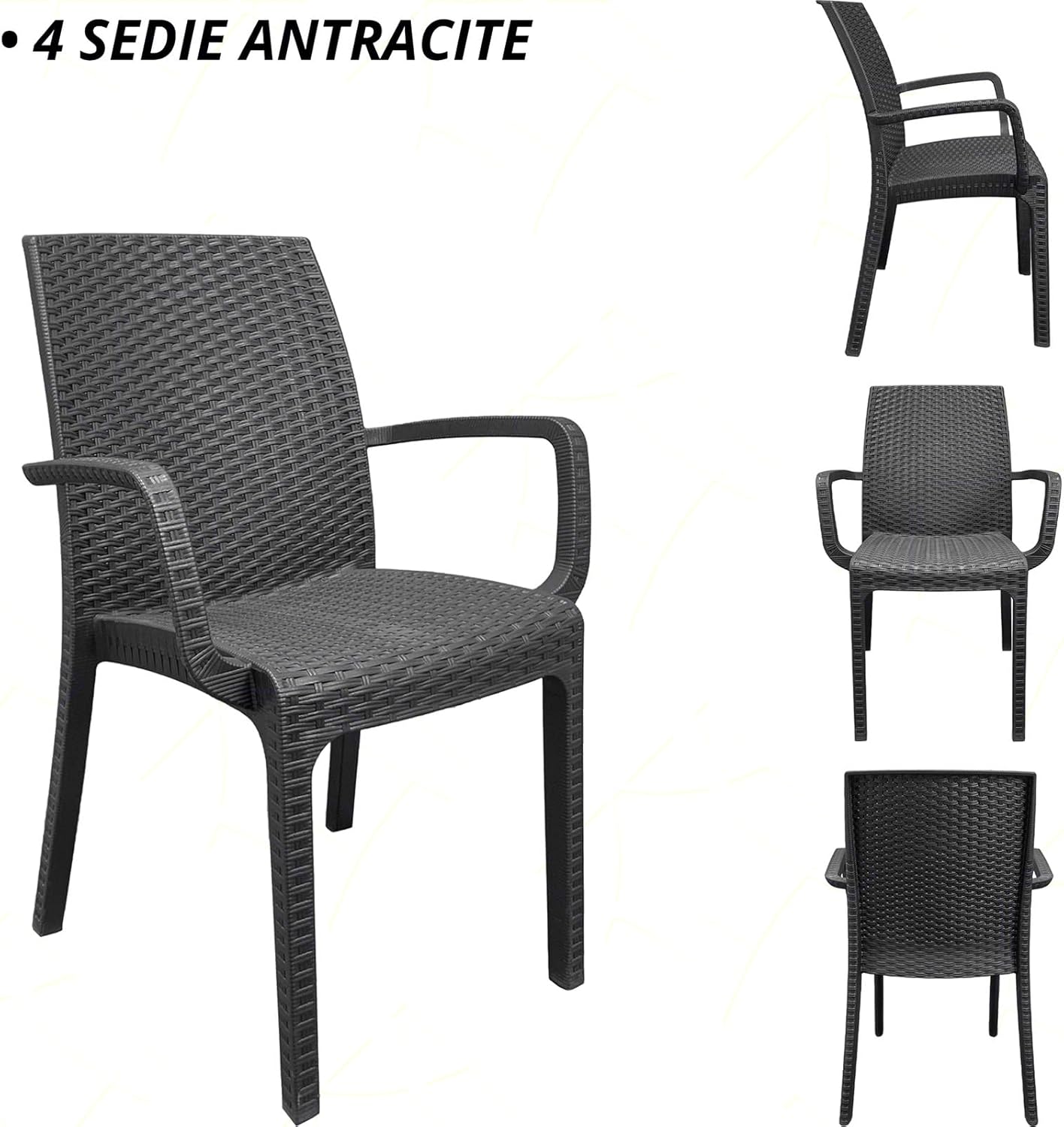 Sicignano Set of 5, 4 Chairs with Armrests + 1 Square Rattan Table – Stackable, UV Resistant, Indoor Outdoor Furniture Bar Pub Garden Terrace, Made in Italy (Anthracite)