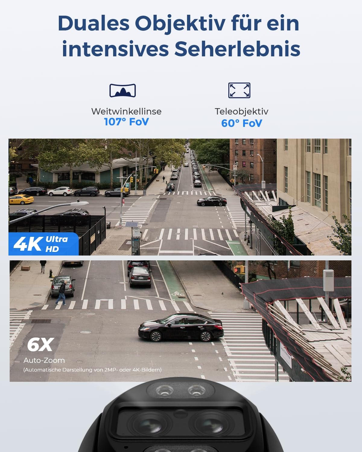4K PTZ Überwachungskamera TrackMix PoE Dual-Objektiv 8 MP 2,8 mm Weitwinkel 8 mm Teleobjektiv 6-fach Zoom Personen- und Fahrzeugerkennung