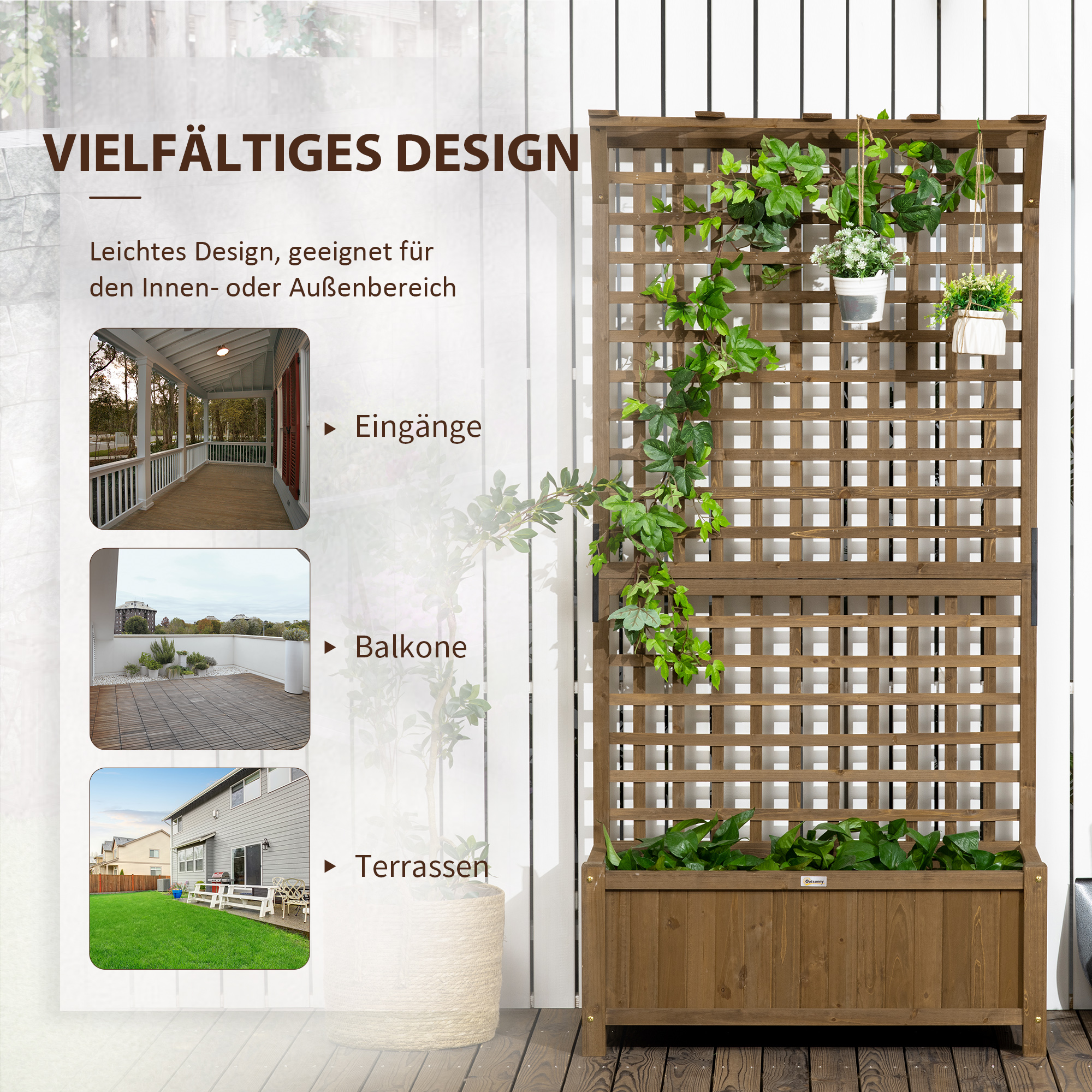 Outsunny Verhoogde plantenbak met trellis en dak, bloembak, bloemenbed, weerbestendig, hout, 90 x 45 x 183 cm, Bruin
