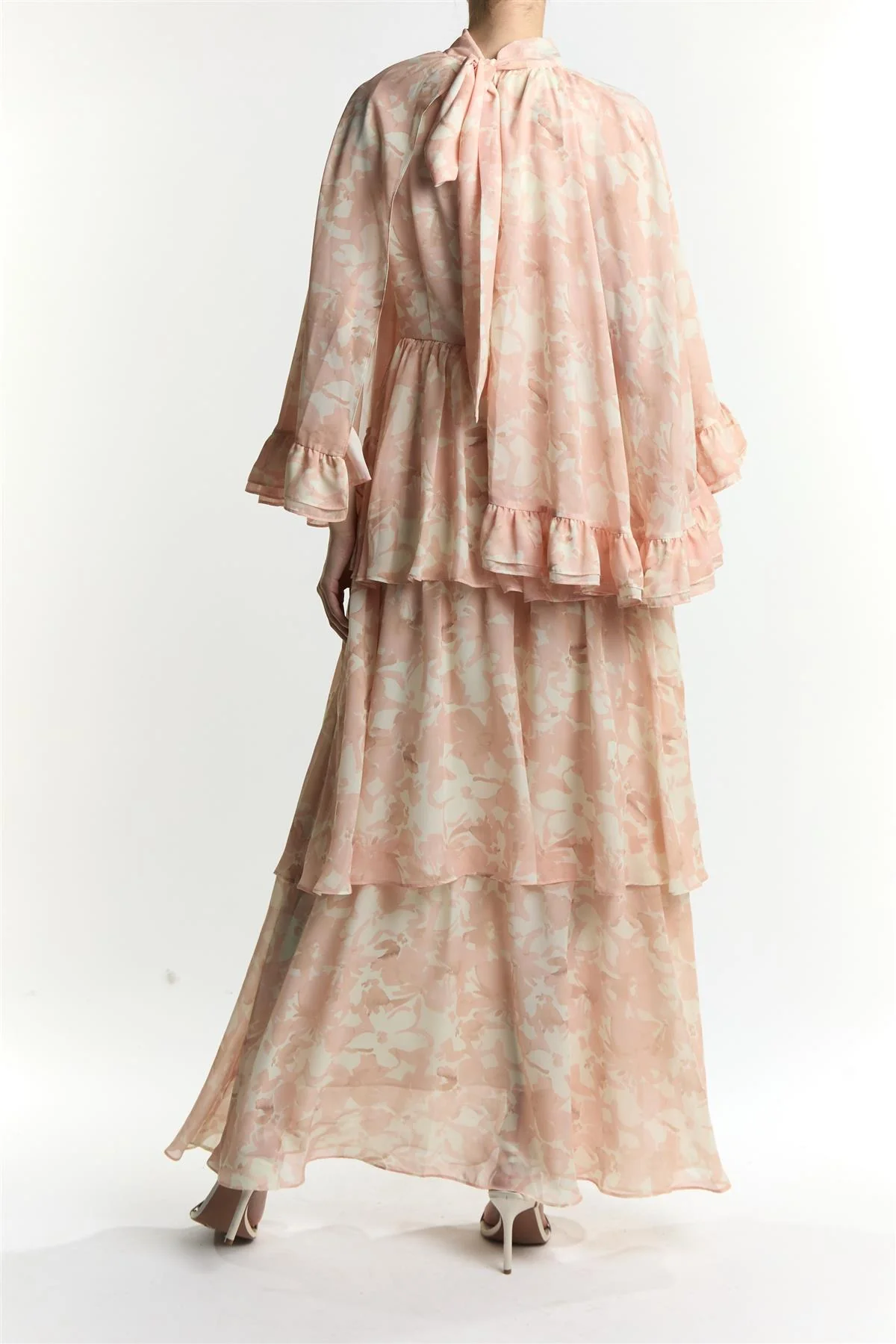 Cream Painted Floral Kendra Cape Long Sleeve Tiered Maxi-Dress