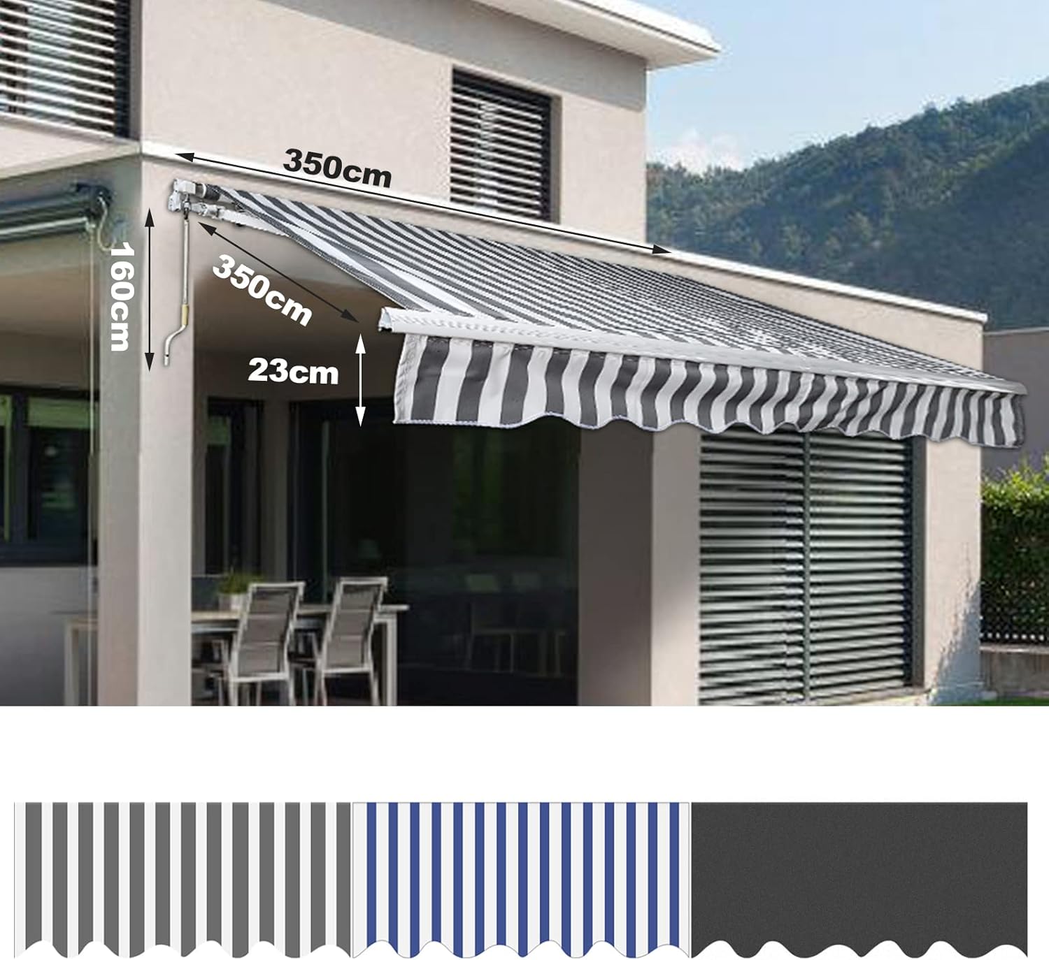 manuelle Gelenkarmmarkise 350 x 300 cm Markise Sonnenmarkise Sonnenschutz mit Kurbel, Anti-UV und wasserfest, Alu/Polyester für Balkon, Terrasse, Garten, Grau