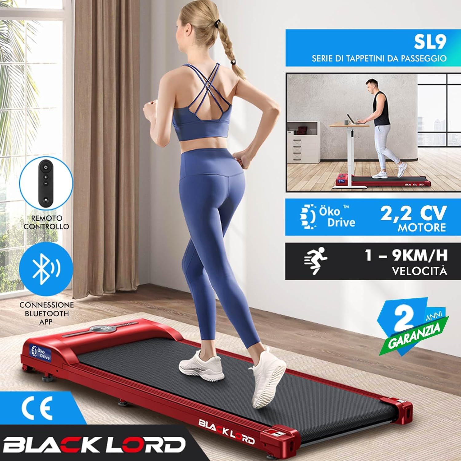BLACK LORD Tapis roulant, Con o Senza corrimano, Walking pad 9/12 km/h, Velocità regolabile, Sotto la scrivania, Altoparlante Bluetooth, Display LED, Controllo tramite app, 120 kg, Portatile