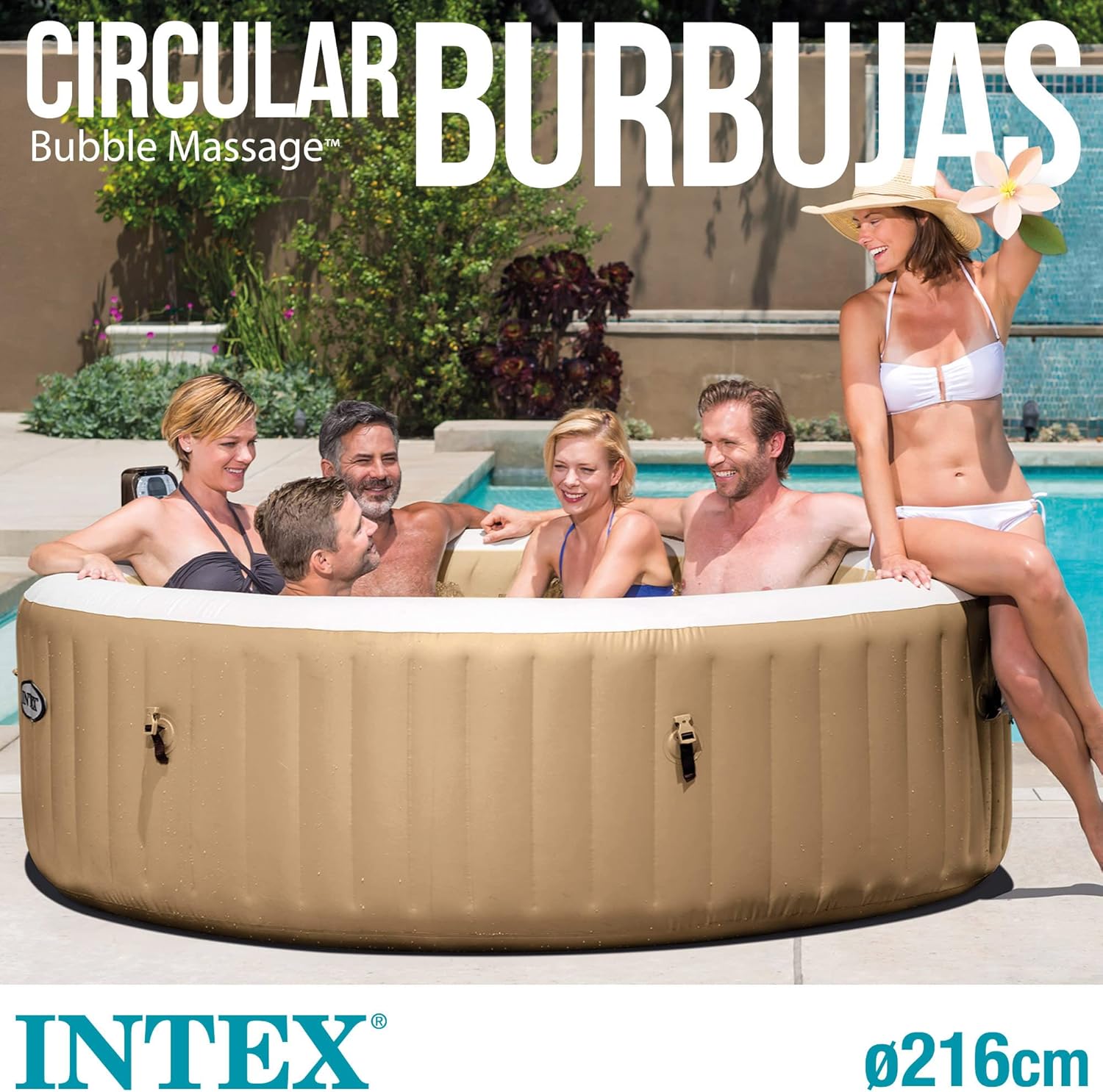 Intex 28428EX - PureSpa Vasca Idromassaggio Gonfiabile Bubble Massage, 6 posti, 140 Getti, Riscaldatore, PVC, Beige, 216x71 cm