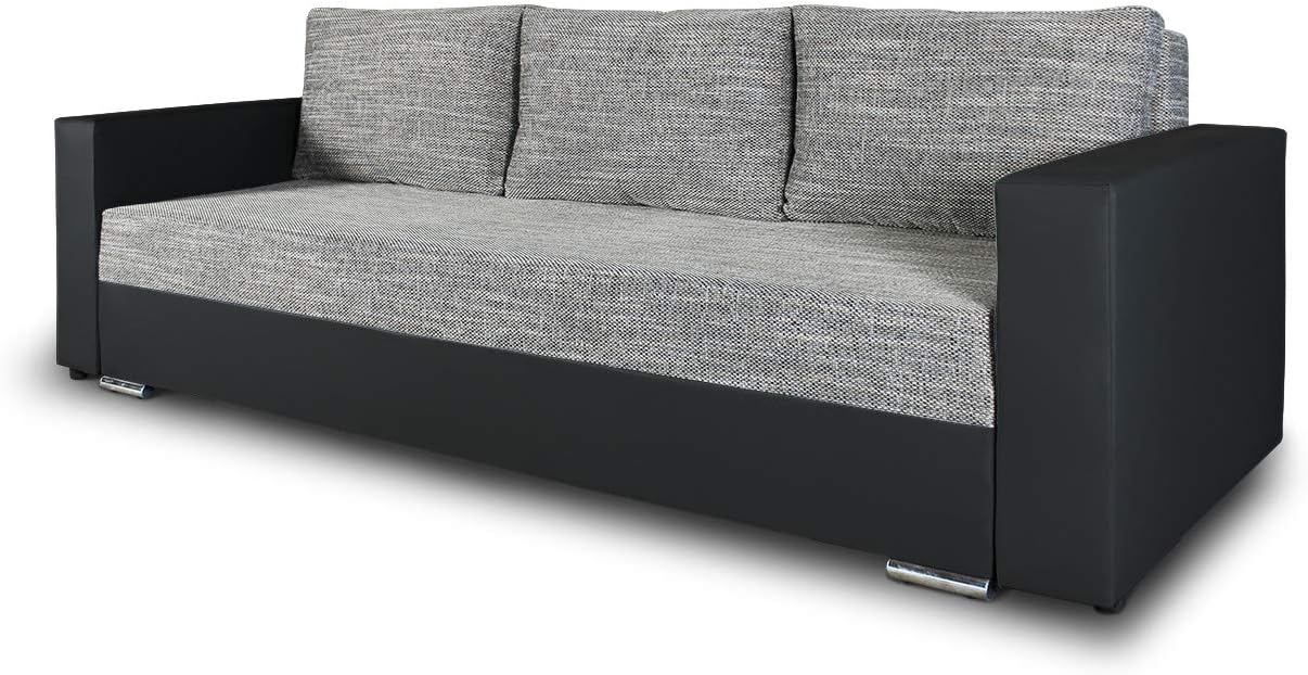Schlafsofa Bird - Sofa mit Schlaffunktion und Bettkasten, Klappsofa, Schlafcouch mit Chromfüße, Couch, Couchgarnitur, Sofagarnitur (Schwarz + Grau (Dolaro 08 + Berlin 01))