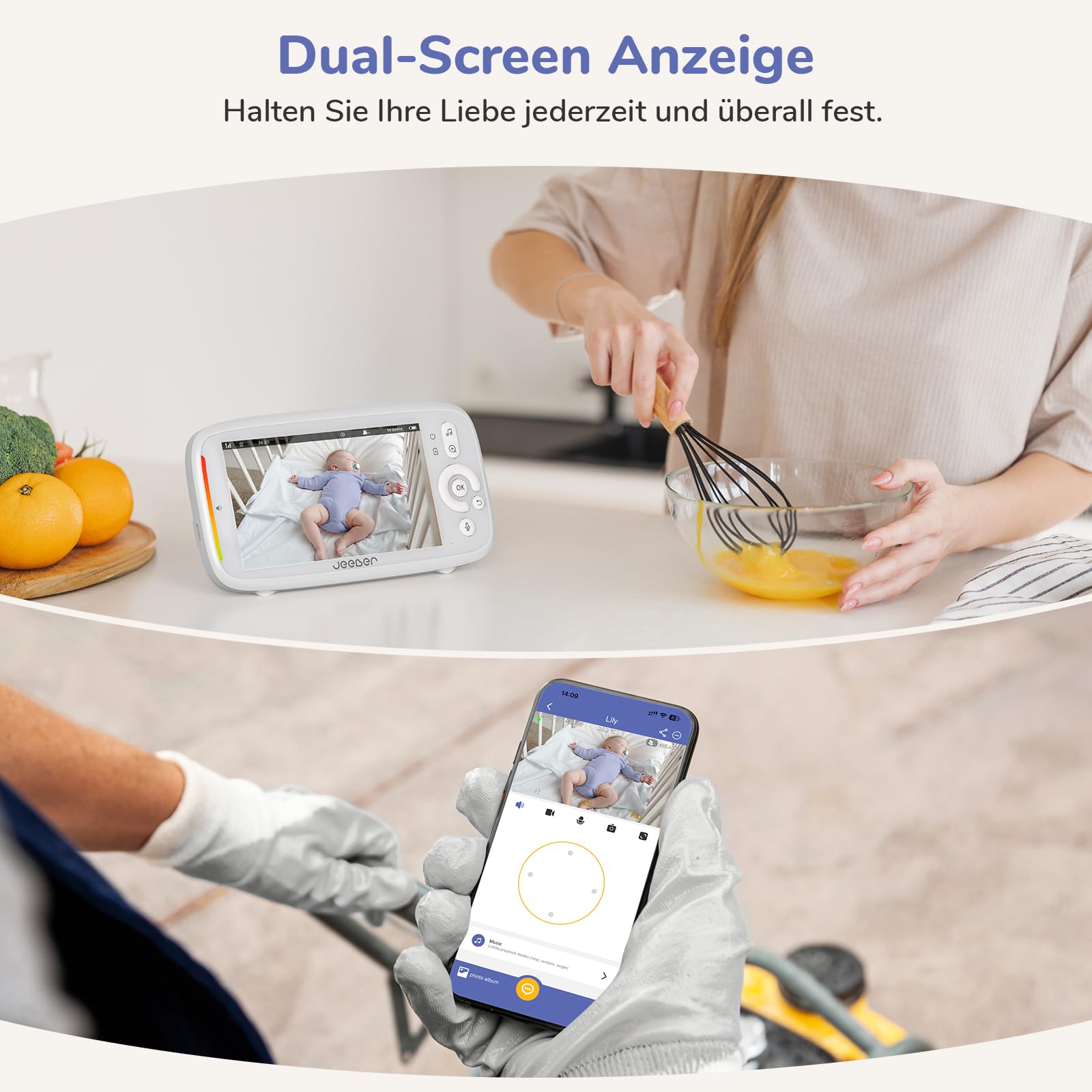 WLAN Babyphone Baby Monitor mit 2 Kameras und App 2K 3MP Auflösung 5 Zoll IPS Display 360 Grad Überwachung