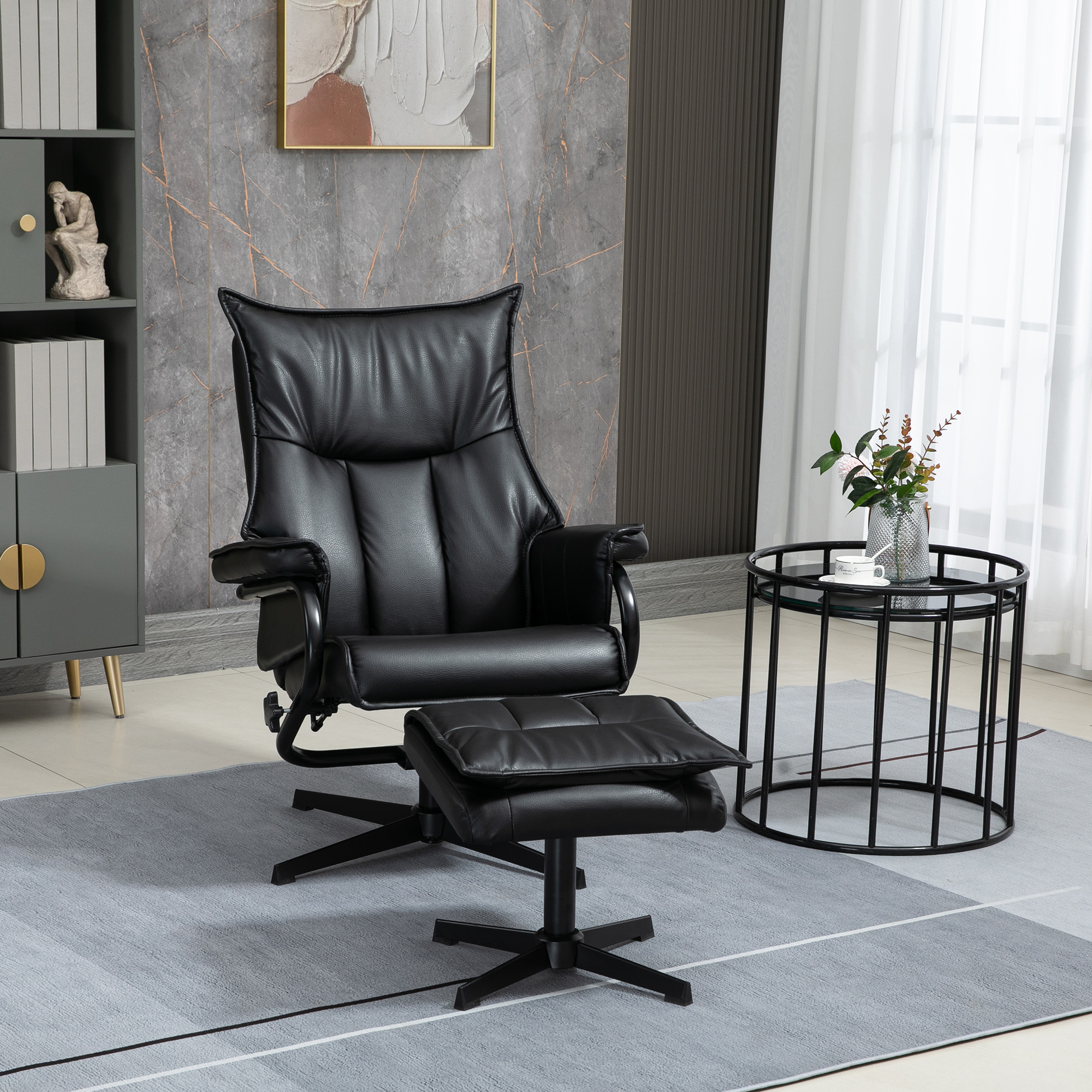 HOMCOM Relaxsessel mit Hocker, drehbar, neigbare Rückenlehne, Stahlrahmen, schwarz