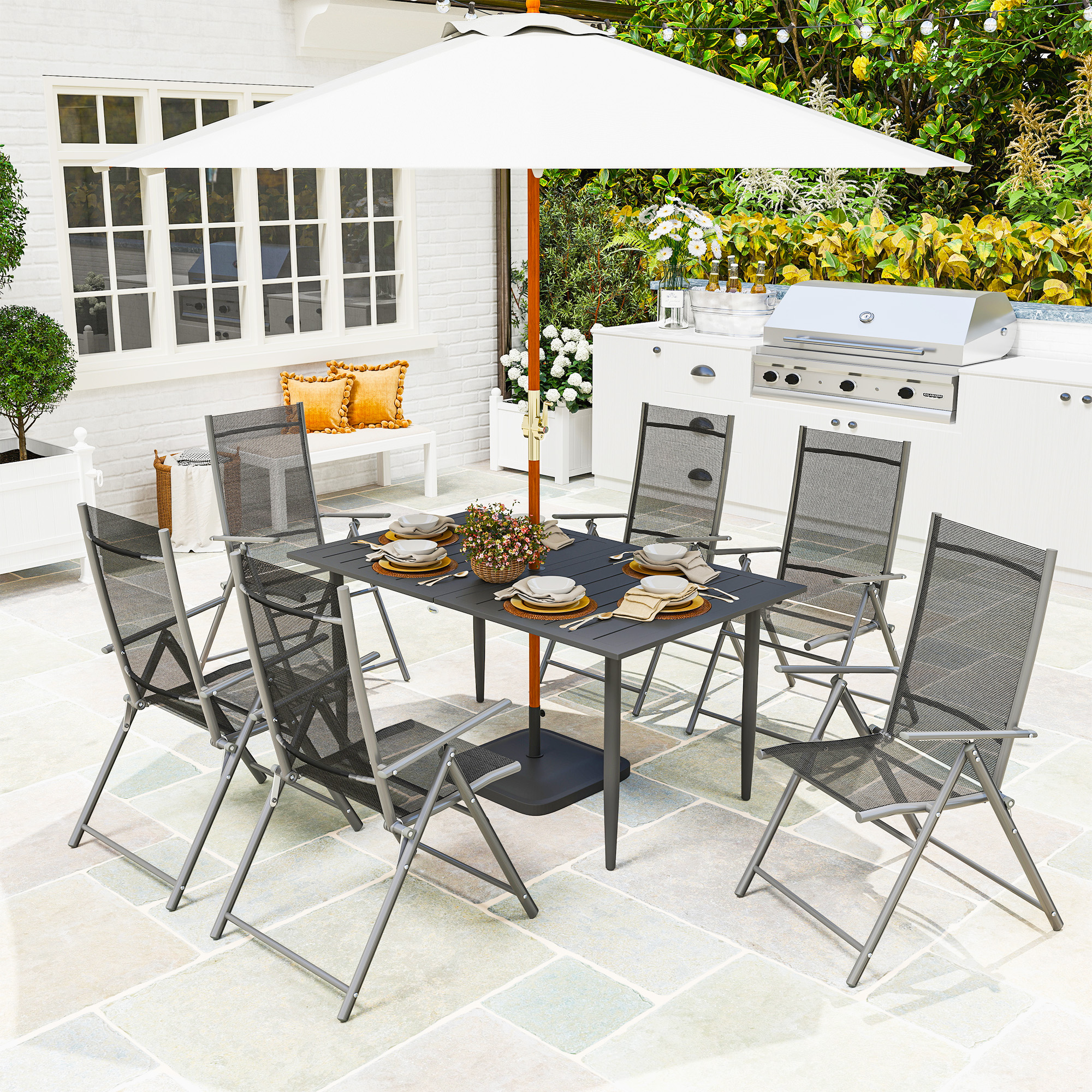 Outsunny Gartentisch 150x90cm, Wetterfest Balkontisch aus Stahl, Balkontisch mit Schirmloch Schwarz