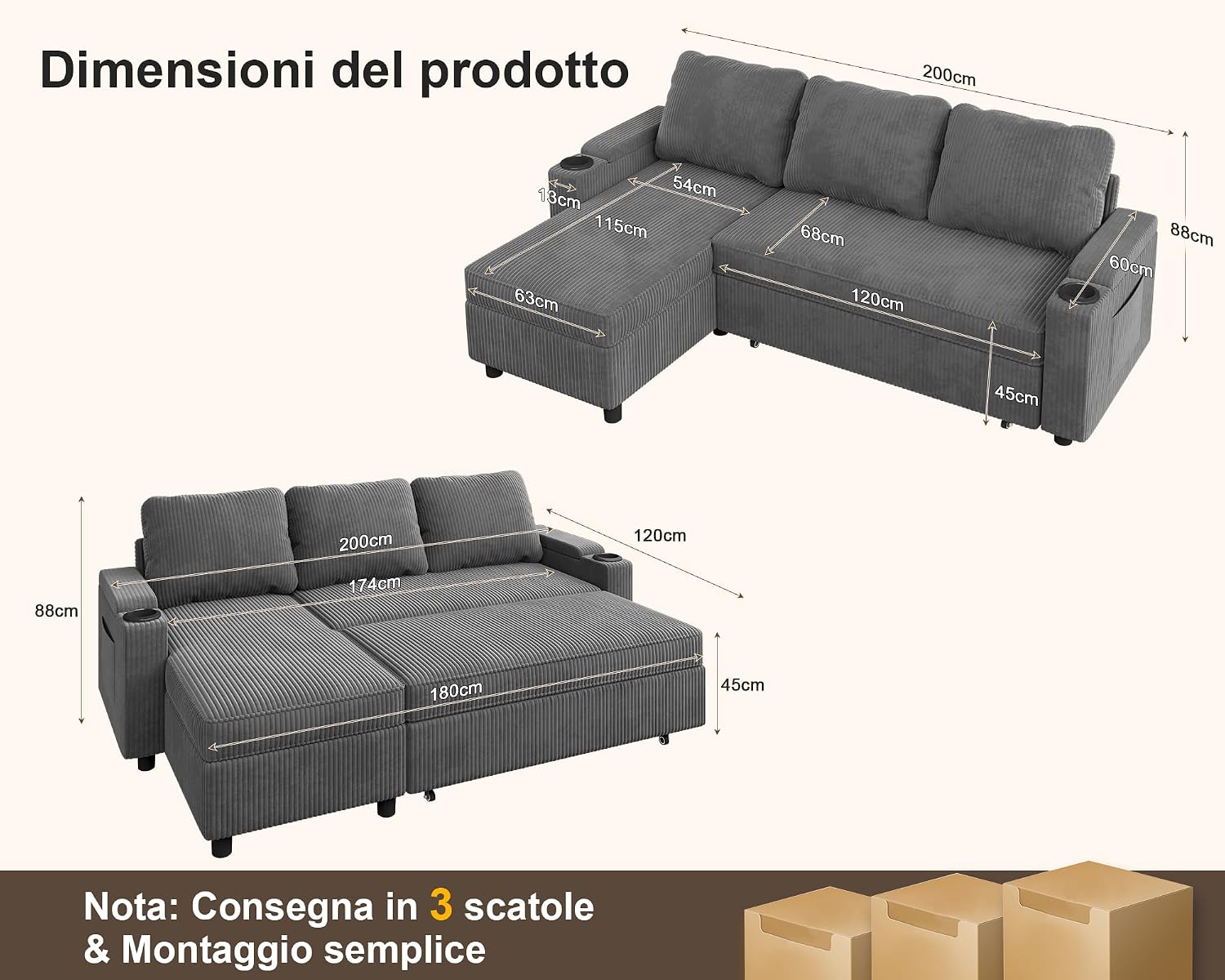Devoko Divano Letto Chaise Longue a Forma di L, Divano da Salotto Cheslong a 3 Posti Convertibile in Letto, con Contenitore Integrato e Portabicchieri, Tessuto Morbido Beige Grigio Scuro