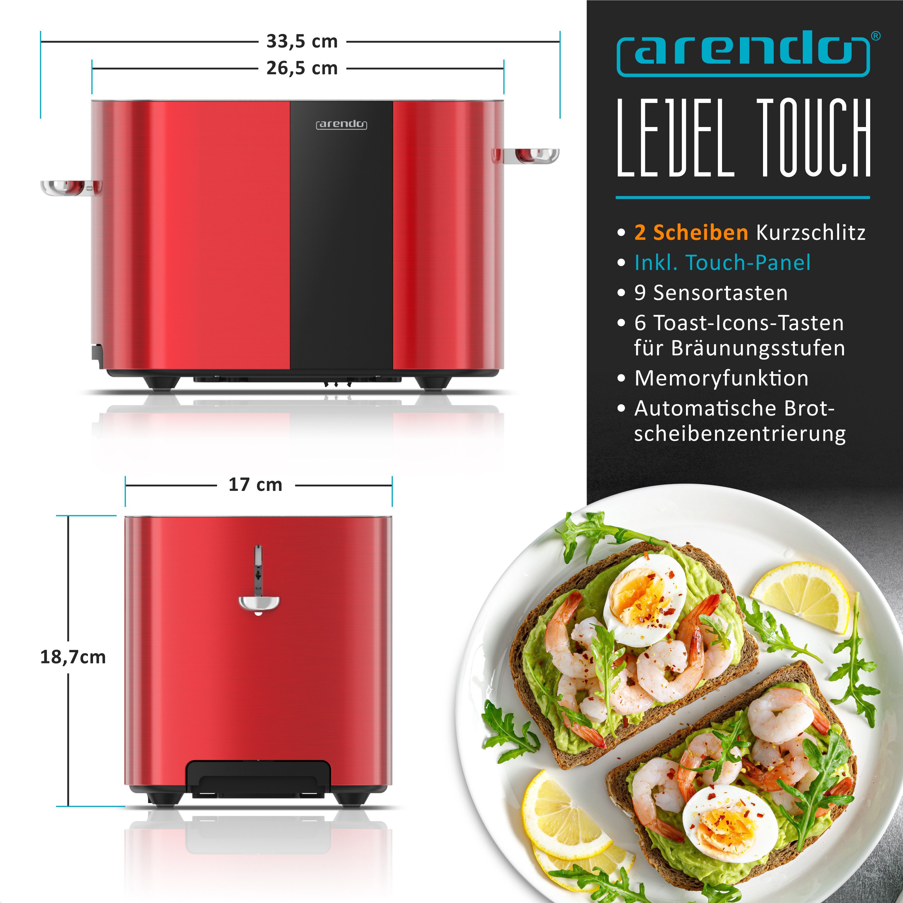 Toaster Edelstahl, Kurzschlitz, Touch Display, Restzeit & Bräunungsgradanzeige
