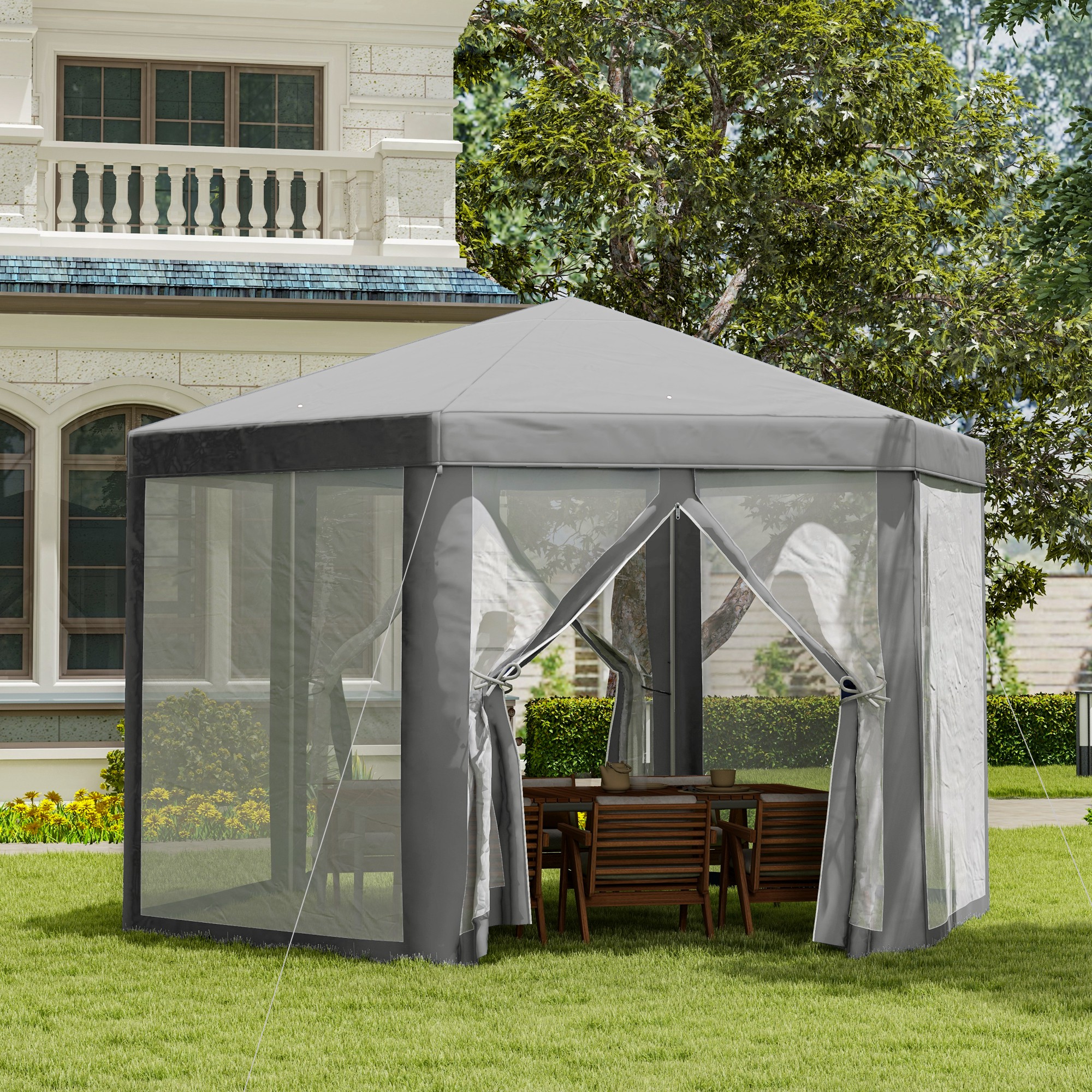 Outsunny Tonnelle barnum Empfangszeltlaube hexagonal gemütlicher Stil Metall Polyester Grau