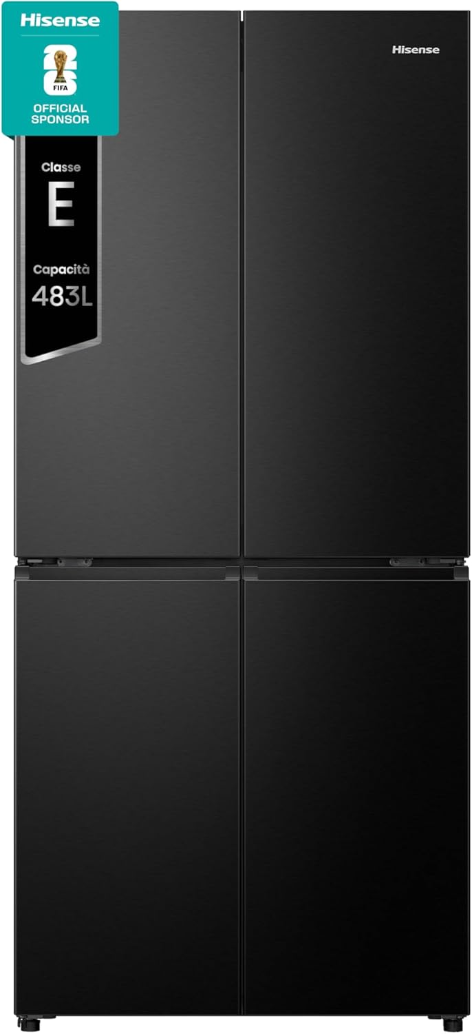 Hisense RQ5P470SAFE, Frigorifero Americano Quattro Porte, Classe E, Black Inox, Total No Frost, WiFi, Metal cooling, Zona convertibile, 483 litri, Controllo elettronico touch
