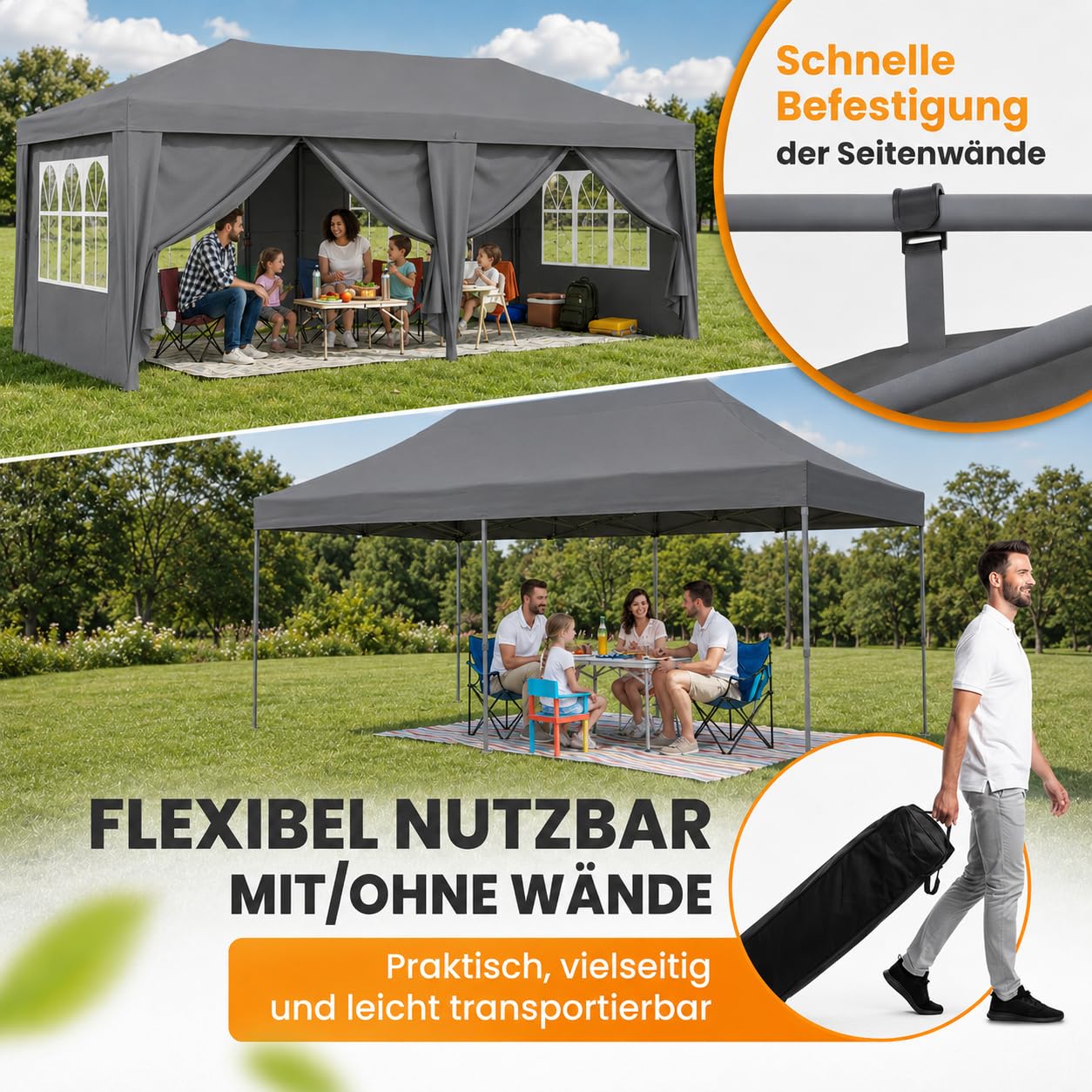 Faltpavillon 3x6 m wasserdicht mit Seitenwänden, OneTouch Aufbau, UV 50+ Schutz, Stahlgestell, Rolltasche, Spannseile und Erdanker, grau