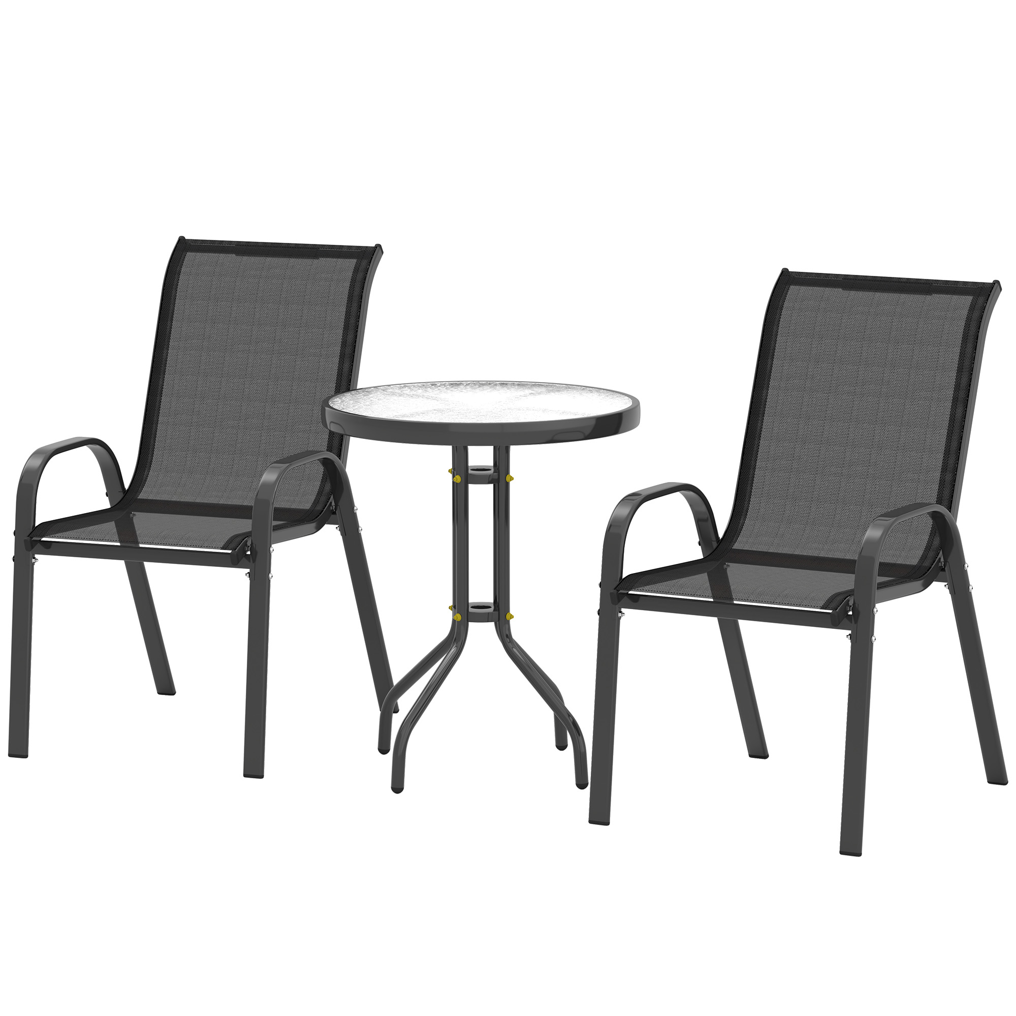 Outsunny 3-teiliges Outdoor-Gartensalon Möbelset 2 stapelbare Sessel Glastisch gehärtetes Glas Schwarz