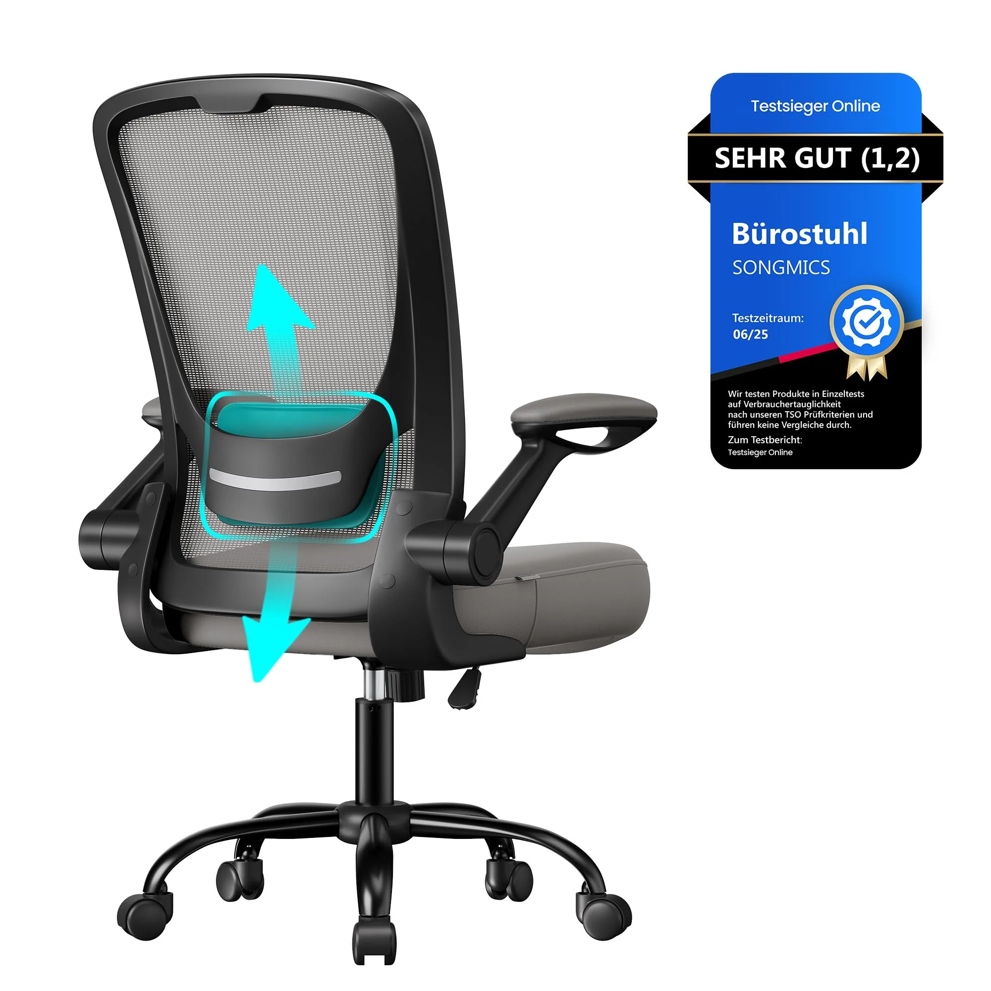 SONGMICS Ergonomischer Bürostuhl mit klappbaren Armlehnen und höhenverstellbarem Sitz