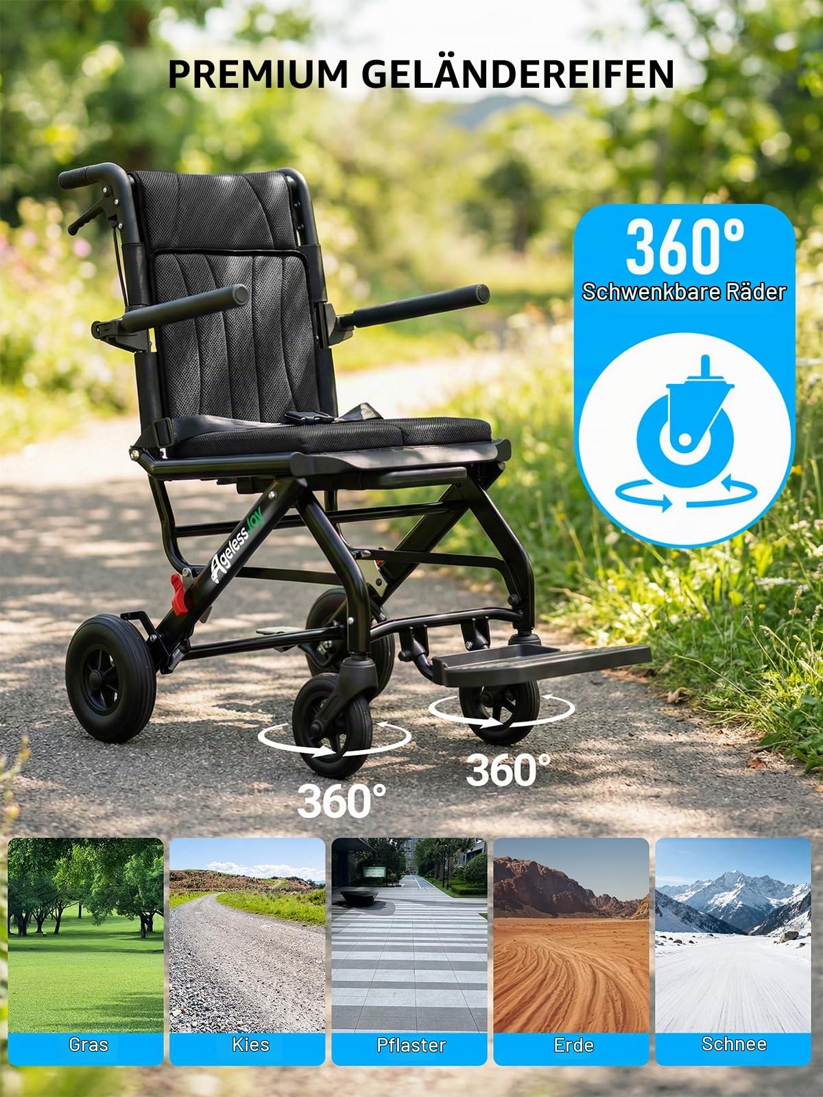 Faltbarer Ultraleicht Rollstuhl ca. 9 kg mit Teleskopgriff, All-Terrain-Räder, Sicherheitsgurt und Aufbewahrungstasche